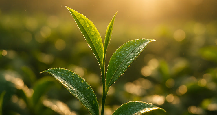 Nahaufnahme einer grünen Pflanze mit tauüberzogenen Blättern, die in warmes, goldenes Sonnenlicht getaucht ist, mit einem verschwommenen Hintergrund aus ähnlichem Laub.