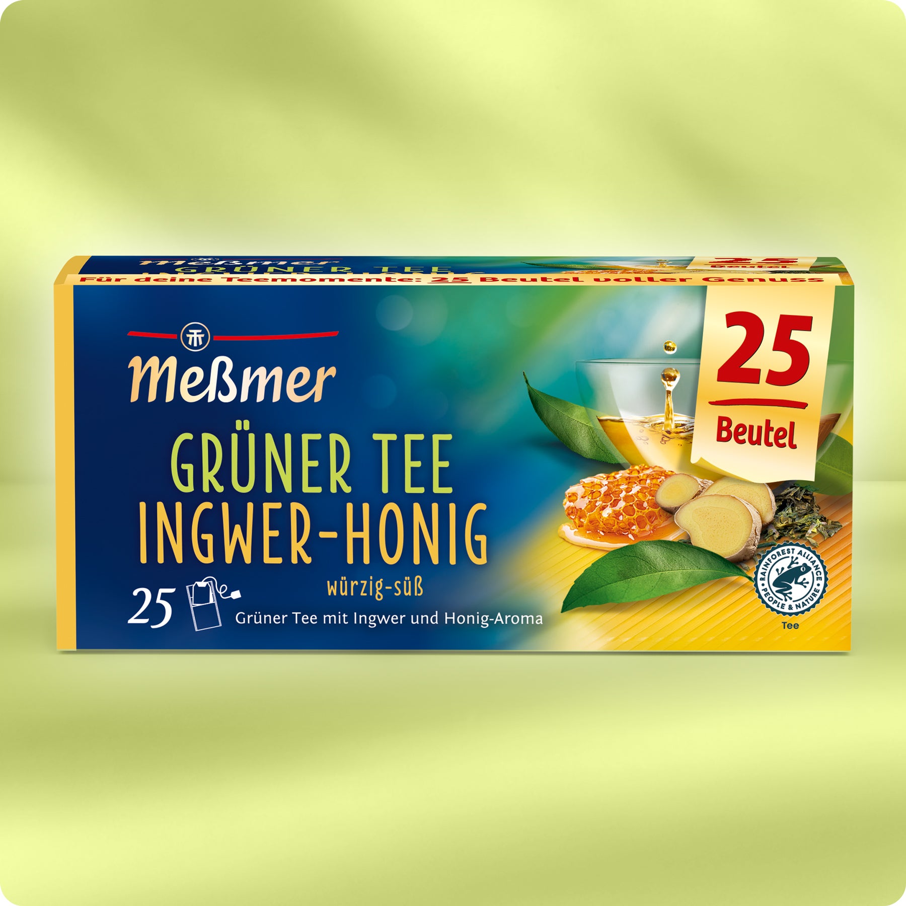 Eine Schachtel Meßmer DE Grüner Tee Ingwer-Honig enthält 25 Teebeutel mit einer Kombination aus grünem Tee, Ingwer und Honig, die auf der Verpackung mit grünen Teeblättern auf hellgrünem Hintergrund abgebildet sind.