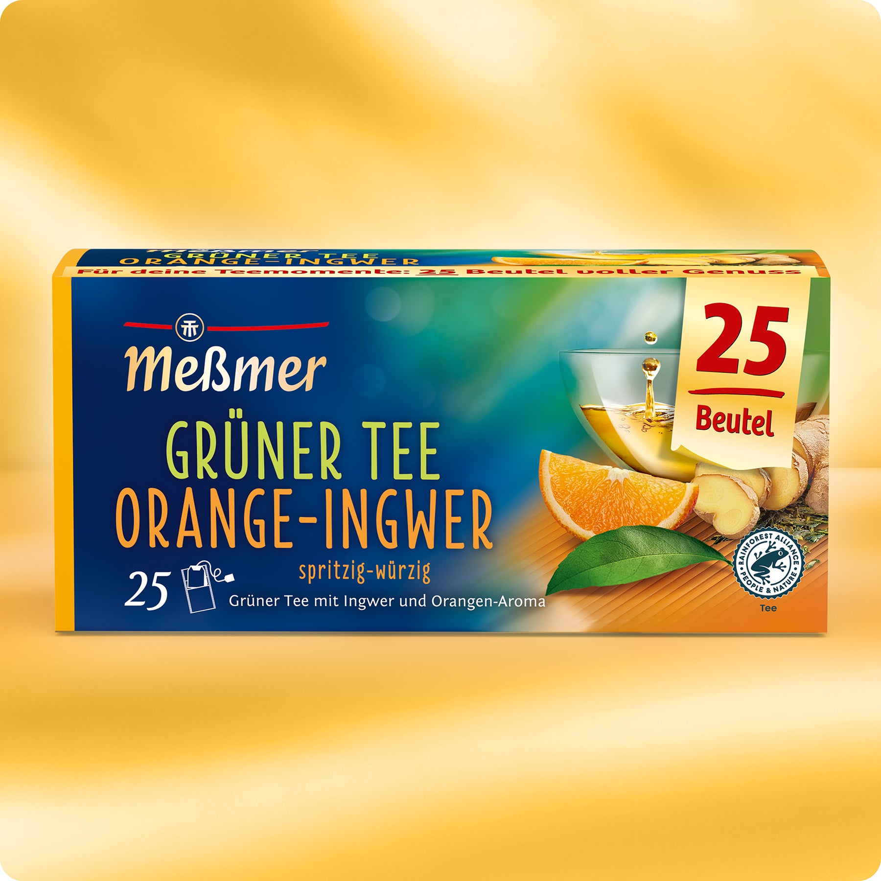Eine Schachtel Meßmer DE Orange-Ingwer Tee enthält 25 Teebeutel. Die leuchtend grüne und orangefarbene Verpackung zeigt eine Teetasse, Orangenscheiben und Ingwerwurzel, inspiriert von asiatischer Tradition.