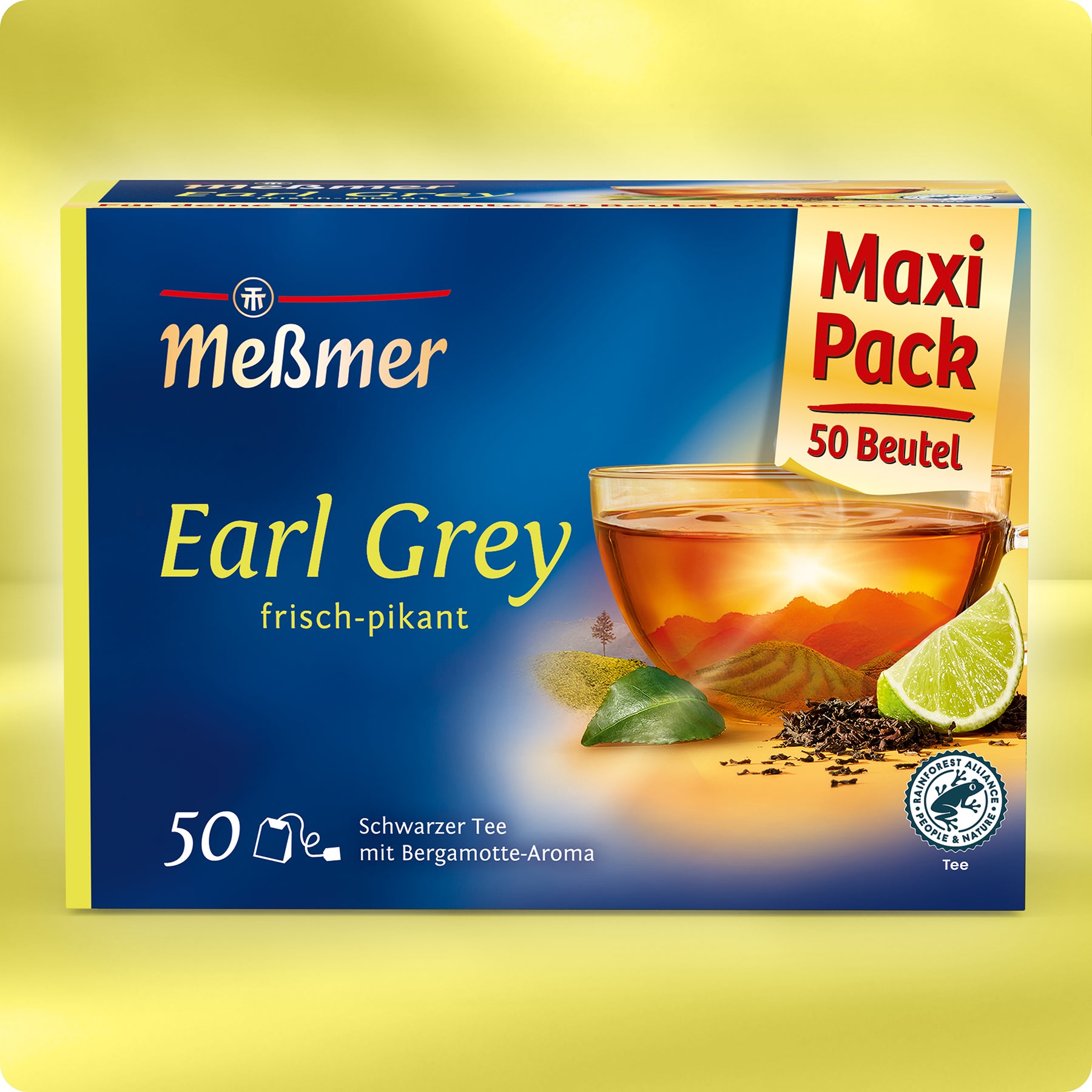 Eine Schachtel Meßmer DE Earl Grey Tee, "Maxi Pack 50 Beutel", zeigt auf der Vorderseite ein blau-gelbes Design mit Abbildungen von schwarzem Tee, Bergamotte, Limettenkeilen, schwarzen Teeblättern und grünen Blättern.