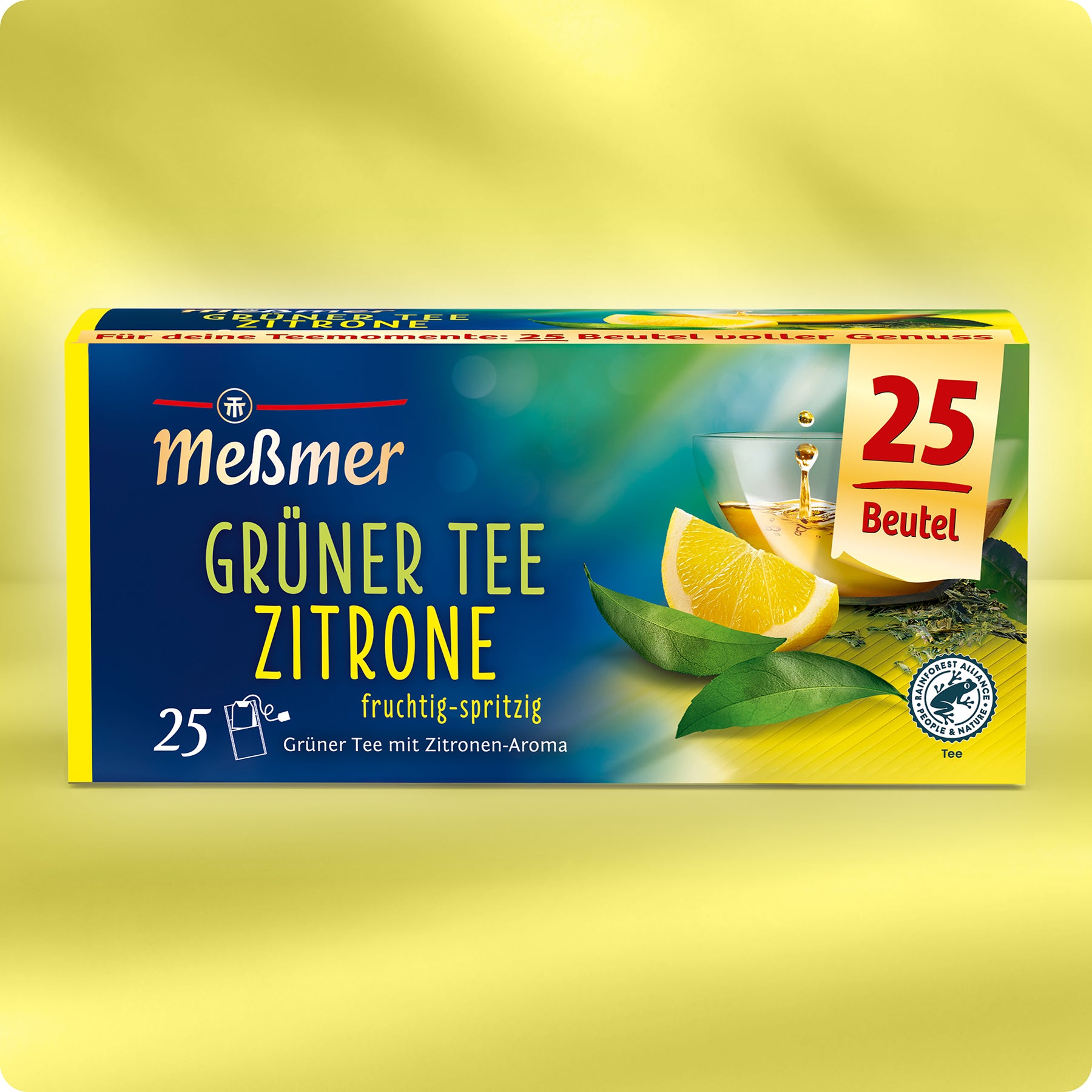 Eine Schachtel Meßmer DE Grüner Tee Zitrone enthält 25 Teebeutel und bietet einen lebendigen grünen Tee mit würzigem Zitronengeschmack - ideal für alle, die grünen Tee kaufen und eine erfrischende Tasse genießen möchten.