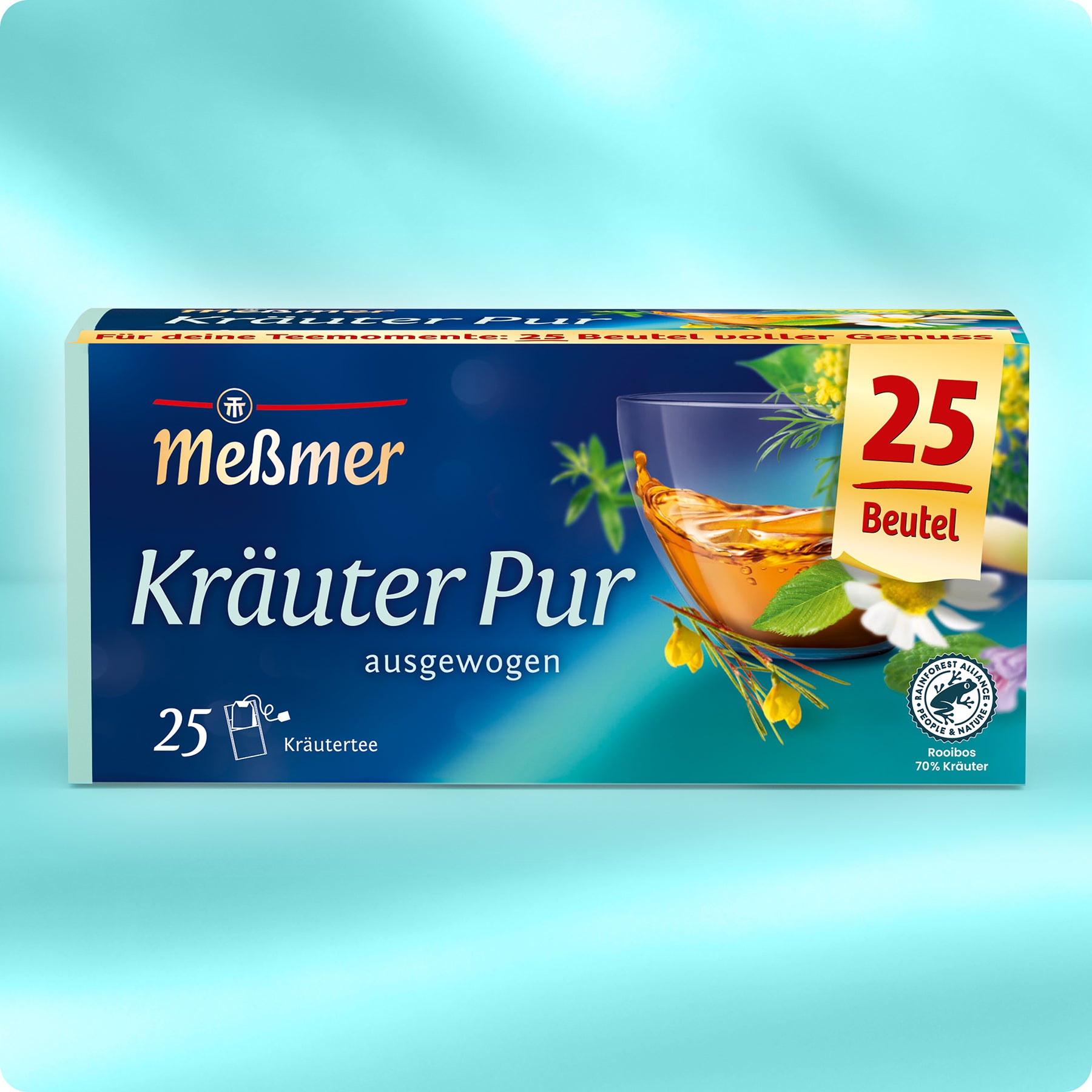 Eine Schachtel Meßmer DE Kräuter pur mit 25 Teebeuteln in blauer Verpackung mit Kräutertee-Glas, frischen Kräutern und gelbem "25 Beutel"-Etikett - ideal zum Genießen der wohltuenden Eigenschaften von Kräutertee.