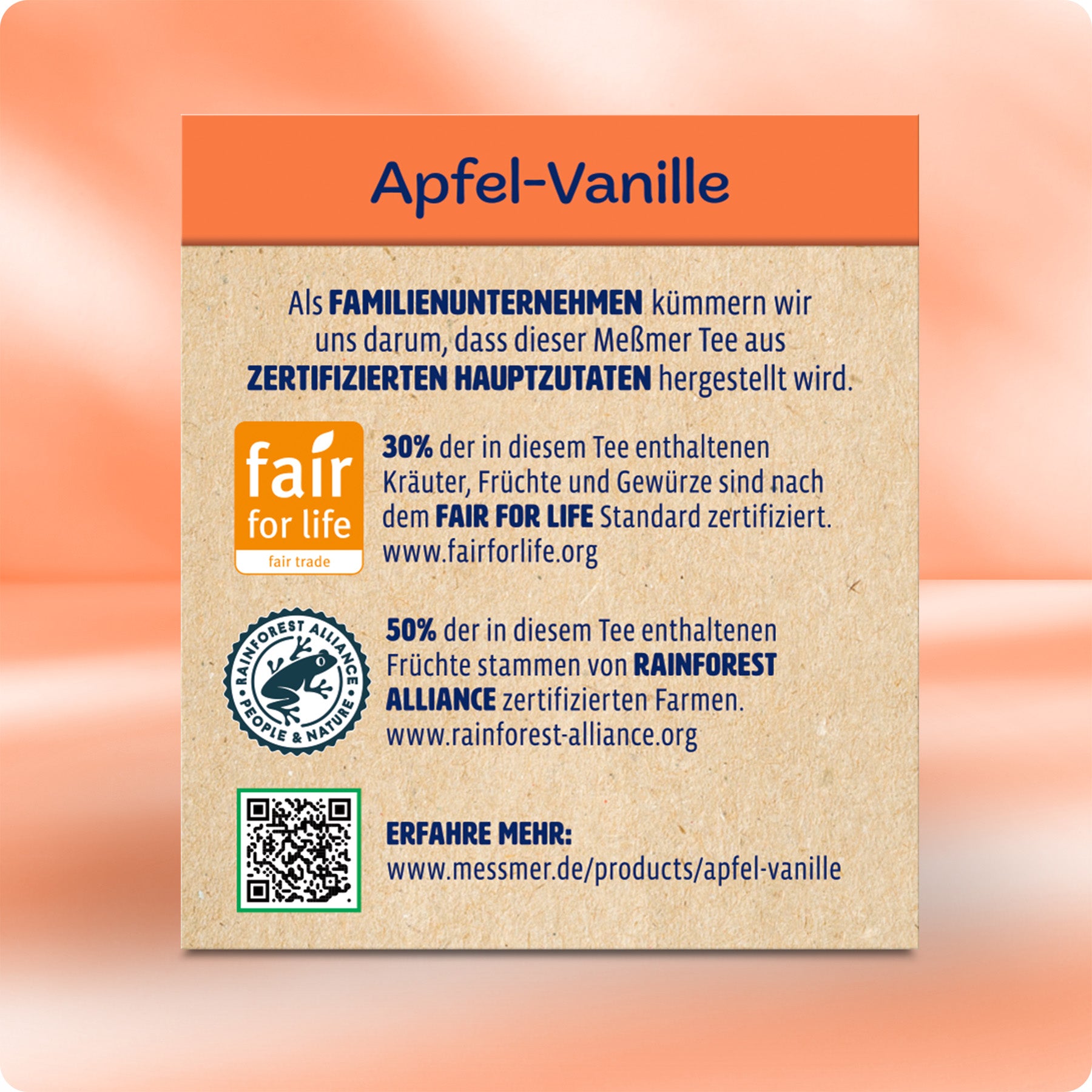 Rückseite der Apfel-Vanille Verpackung mit Fair-Trade- und Rainforest-Alliance-Zertifizierungen für nachhaltige Zutaten und QR-Code für weitere Informationen.