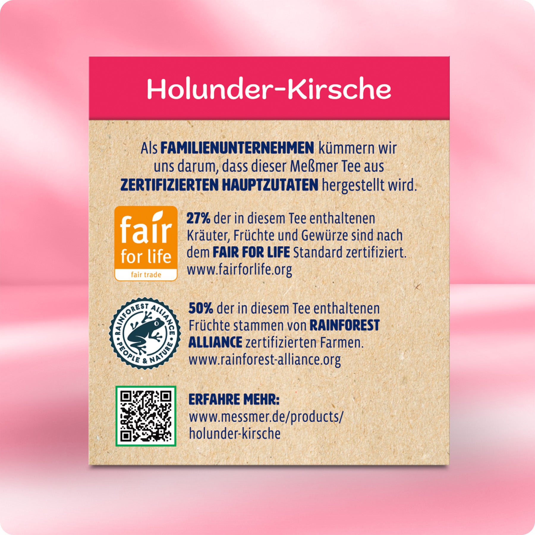 Verpackungsrückseite des Holunder-Kirsche Tees mit Informationen zu Fair-Trade- und Rainforest-Alliance-Zertifizierungen sowie zur Herkunft der Zutaten.