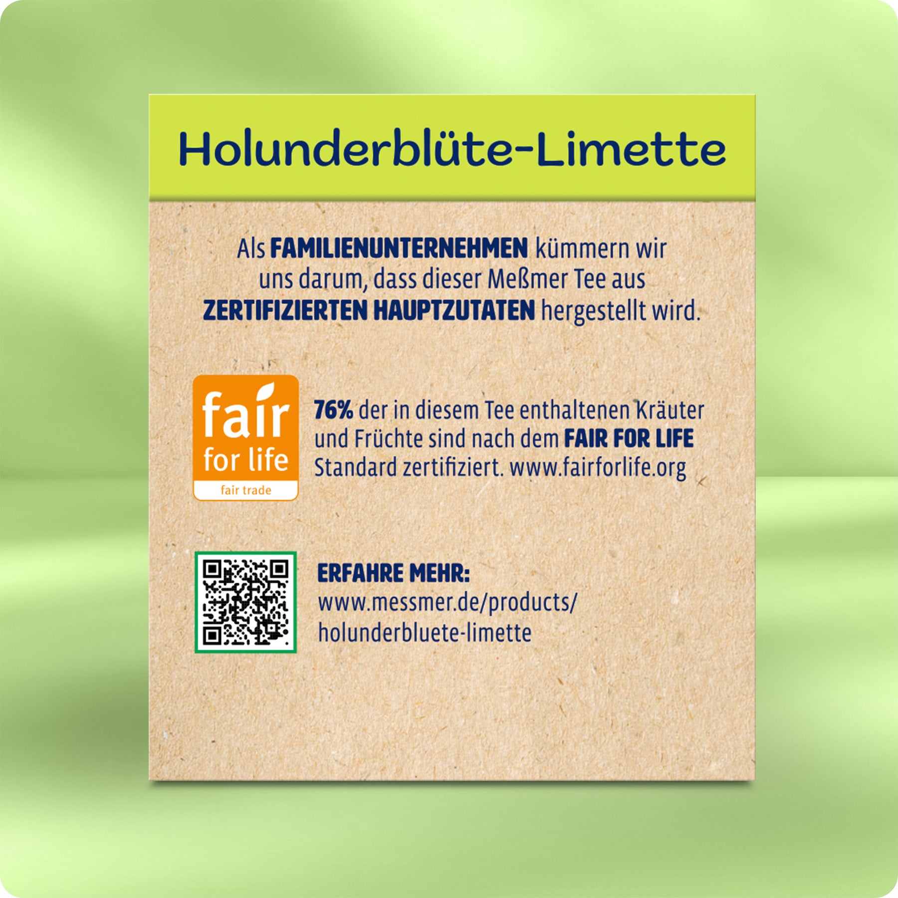 Hinweis auf Holunderblüte-Limette Tee mit fair gehandelten Zutaten, Familienunternehmen und Zertifizierung nach FAIR FOR LIFE Standard auf natürlichem Hintergrund.