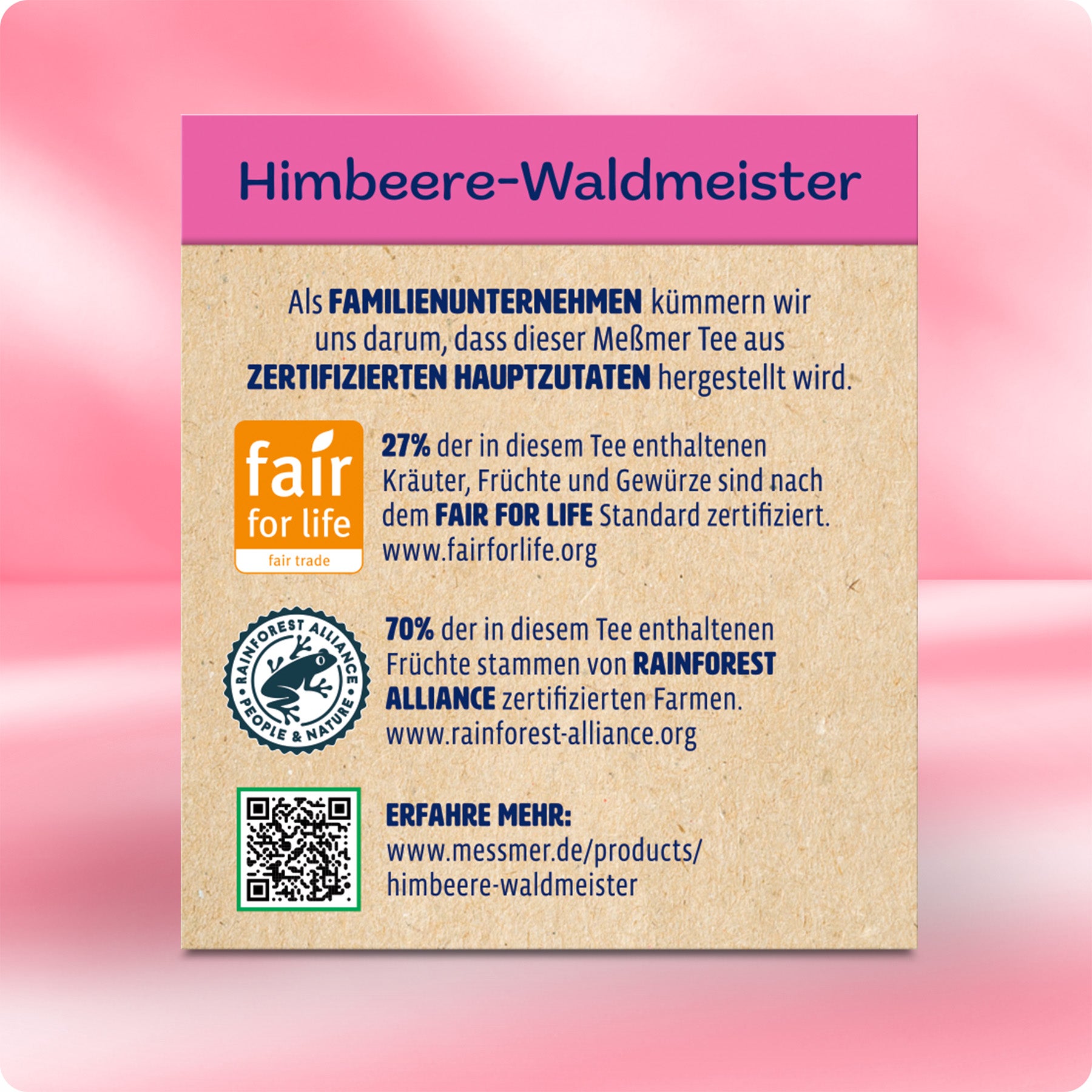Rückansicht der Himbeere-Waldmeister Verpackung mit Informationen zu zertifizierten Zutaten, Fair for Life und Rainforest Alliance Standards sowie QR-Code für mehr Details.