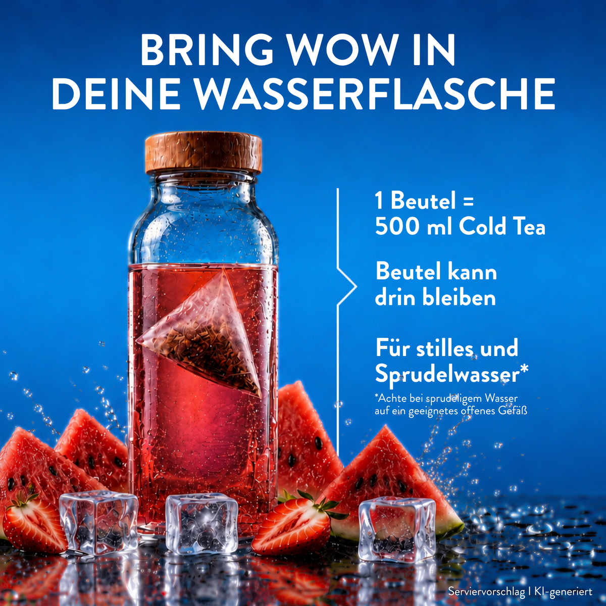 Cold Tea Melone-Erdbeere in Wasserflasche mit rotem kaltem Tee, Erdbeeren, Wassermelone und Eiswürfeln. Ein Beutel reicht für 500 ml kaltes Wasser.