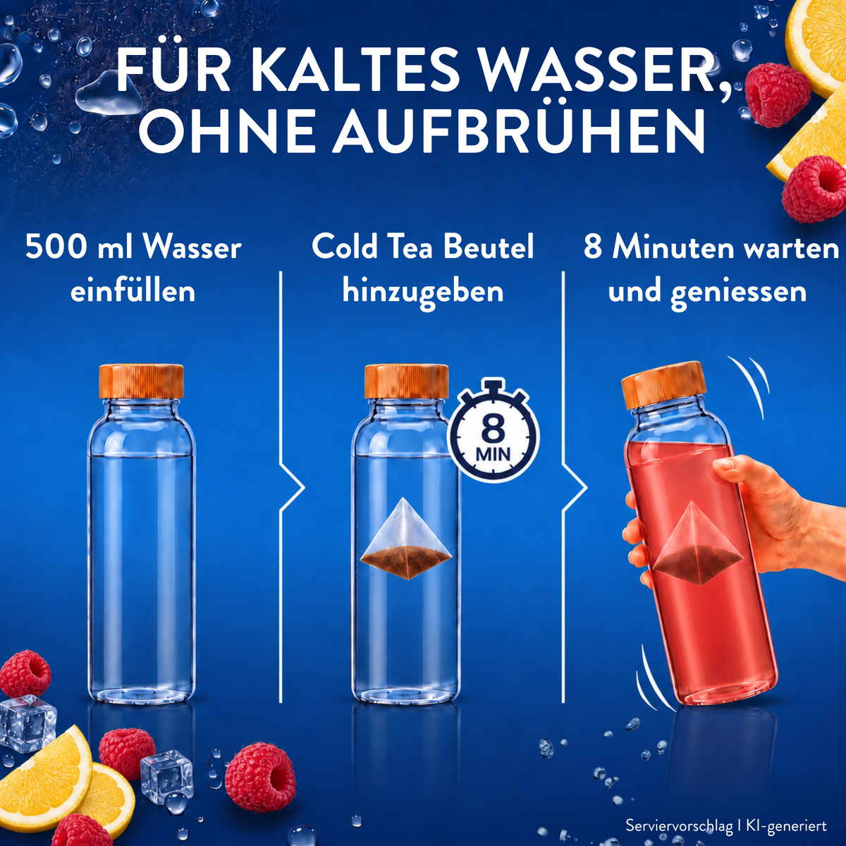 Cold Tea Himbeere-Zitrone zeigt die Zubereitung mit 500 ml kaltem Wasser und einem Teebeutel. Nach 8 Minuten entsteht roter kalter Tee mit Himbeeren und Zitrone.