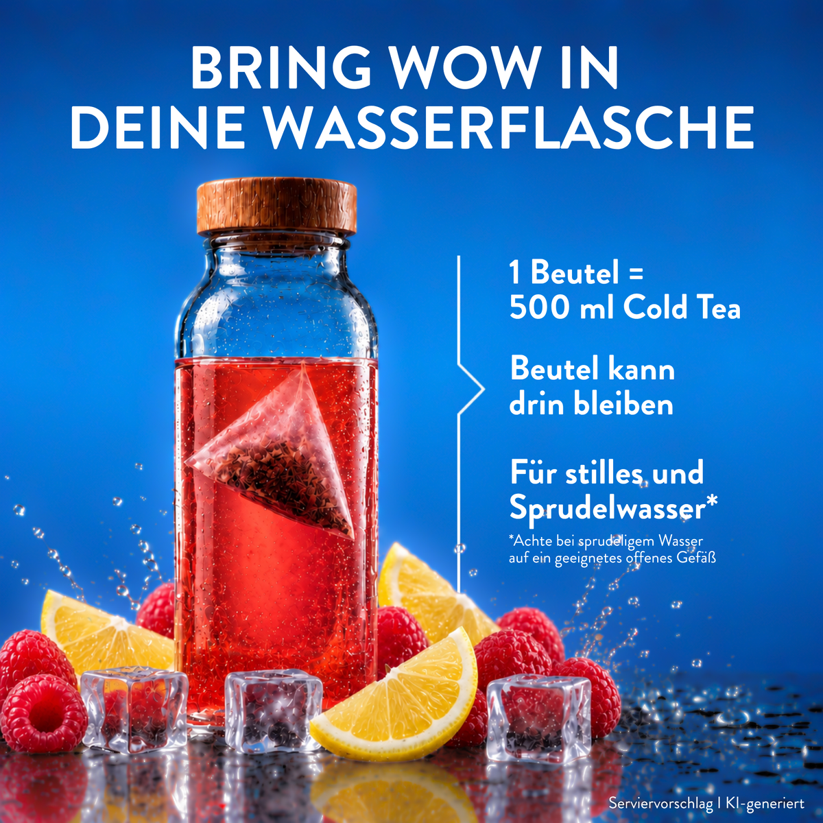 Cold Tea Himbeere-Zitrone in einer Wasserflasche mit Teebeutel sowie Himbeeren Zitronen und Eiswürfeln. Ein Beutel ergibt 500 ml kalten Tee.