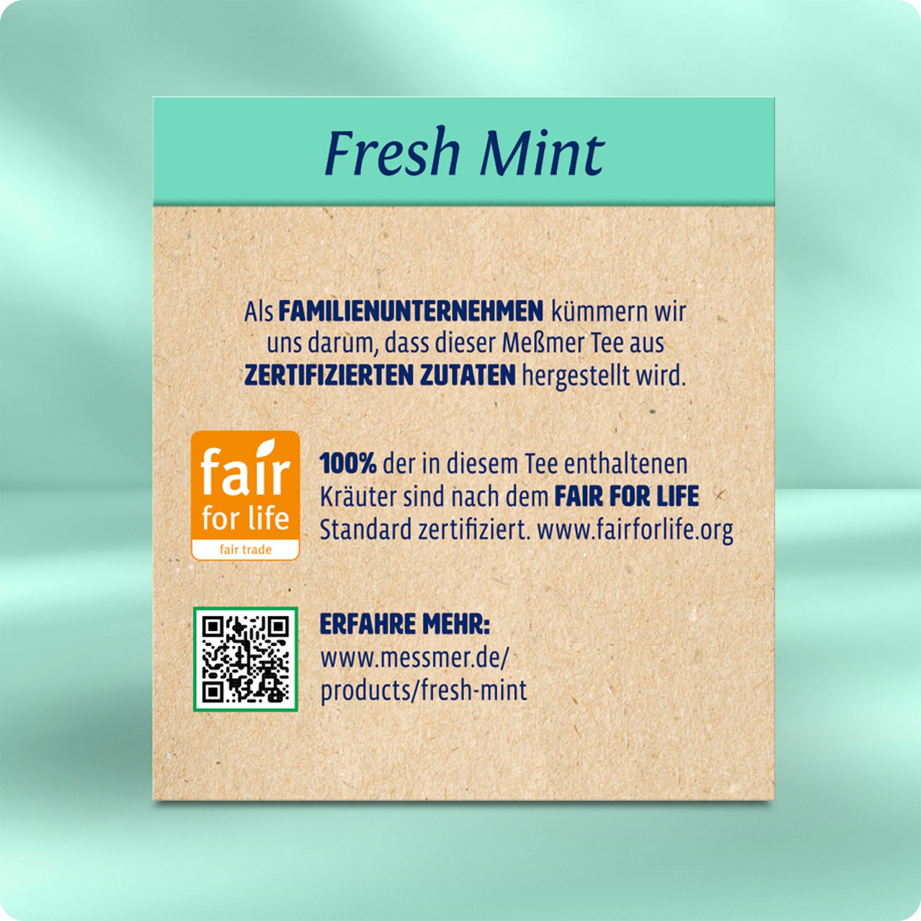 Verpackung von Fresh Mint mit Informationen zu fair gehandelten Zutaten und Qualitätssicherung durch zertifizierte Kräuter für einen intensiven Minzgenuss.
