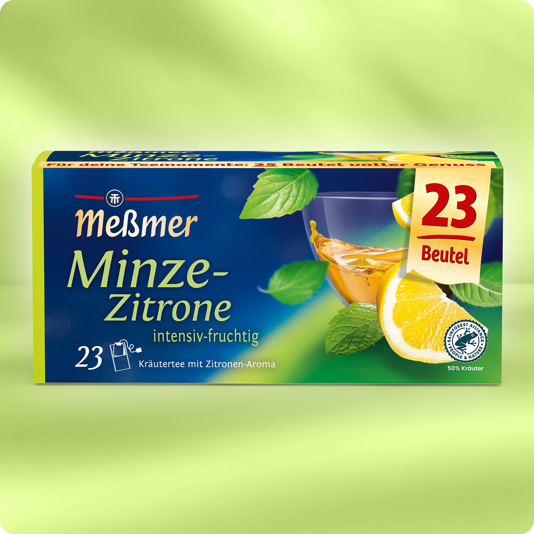 Eine Schachtel Meßmer DE Minze-Zitrone Tee mit Minzblättern, einer Zitronenscheibe und einer Teetasse auf der Verpackung. Sie enthält 23 Beutel und zeichnet sich durch einen intensiv-fruchtigen Geschmack mit einer erfrischenden Zitrusnote aus, die typisch für diese Kräuterteemischung ist.
