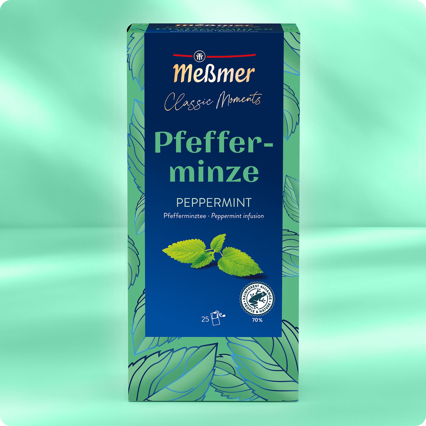 Eine Schachtel Meßmer DE Pfefferminze enthält 25 Pfefferminzteebeutel mit deutschem und englischem Text auf blauem und grünem Blatthintergrund.