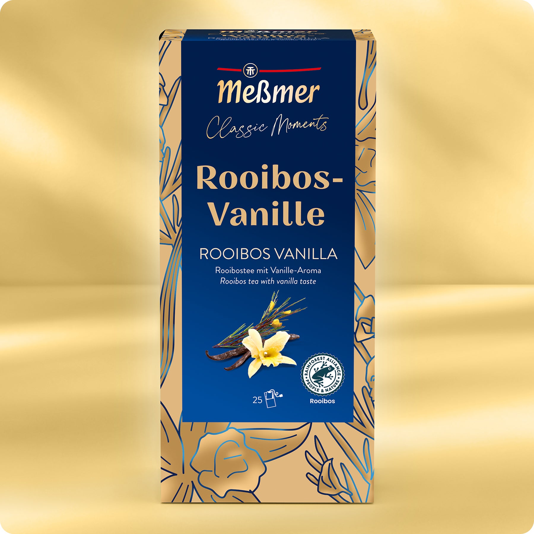 Rechteckige Schachtel Meßmer DE Rooibos-Vanille, ein südafrikanischer Tee mit goldenem und blauem Blumendesign, mit Abbildungen von Vanilleblüten und Rooibos sowie deutschem Text auf seidigem Goldgrund.