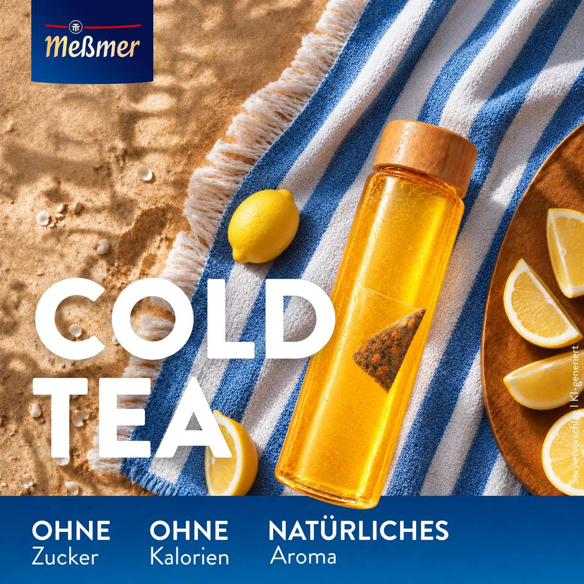 Cold Tea Eistee Zitrone von Meßmer in einer Flasche mit Zitronenmotiv auf blau weißem Strandtuch neben Zitronenscheiben und Hinweis ohne Zucker