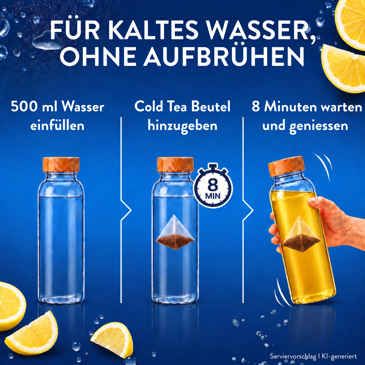 Cold Tea Eistee Zitrone als Anleitung für kaltes Wasser mit 500 ml Wasser, Cold Tea Beutel und 8 Minuten Wartezeit zum Genießen