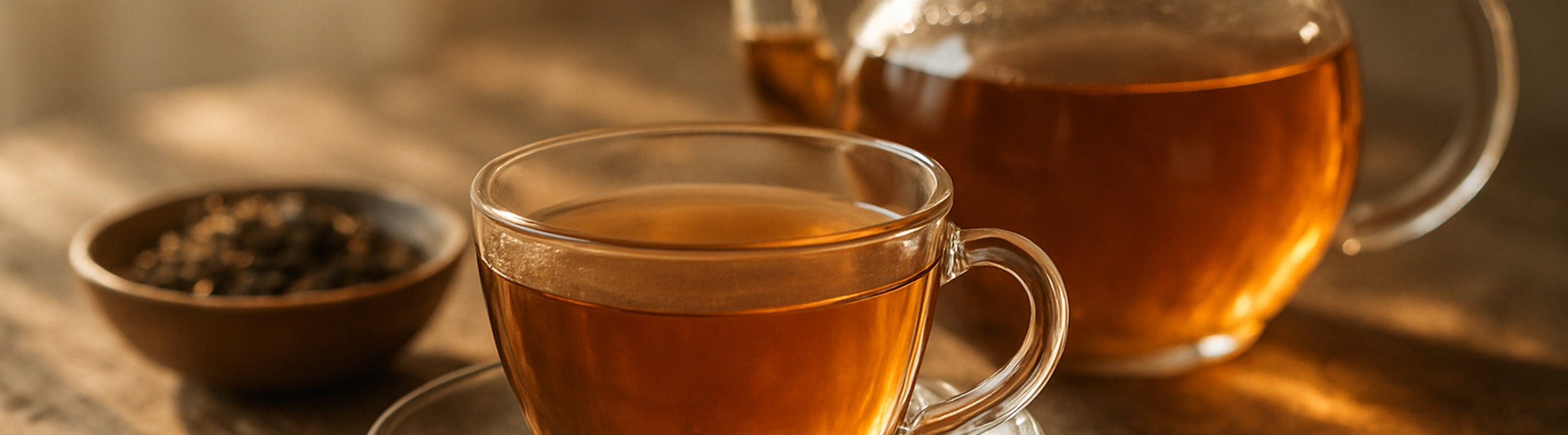 Eine mit Tee gefüllte Klarglastasse steht auf einer Untertasse, daneben eine gläserne Teekanne mit Tee und eine kleine Schale mit losen Teeblättern auf einem Holztisch. Warmes Licht schafft eine gemütliche Atmosphäre.