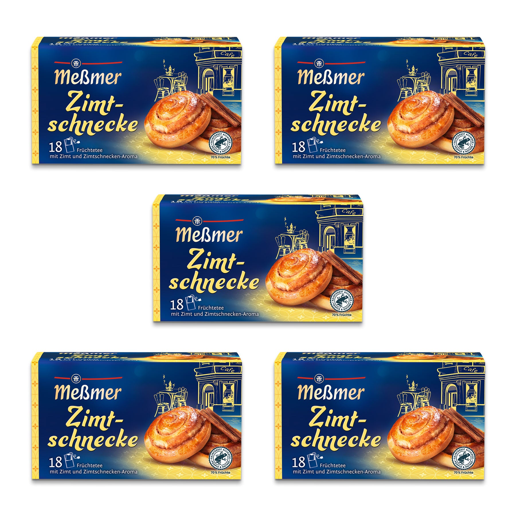 Fünf Schachteln Meßmer Zimtschnecke Tee sind in einem Gittermuster angeordnet. Jede Schachtel zeigt das Bild einer Zimtrolle, Zimtstangen und ein blau-goldenes Design mit 18 pyramidenförmigen Teebeuteln pro Schachtel.