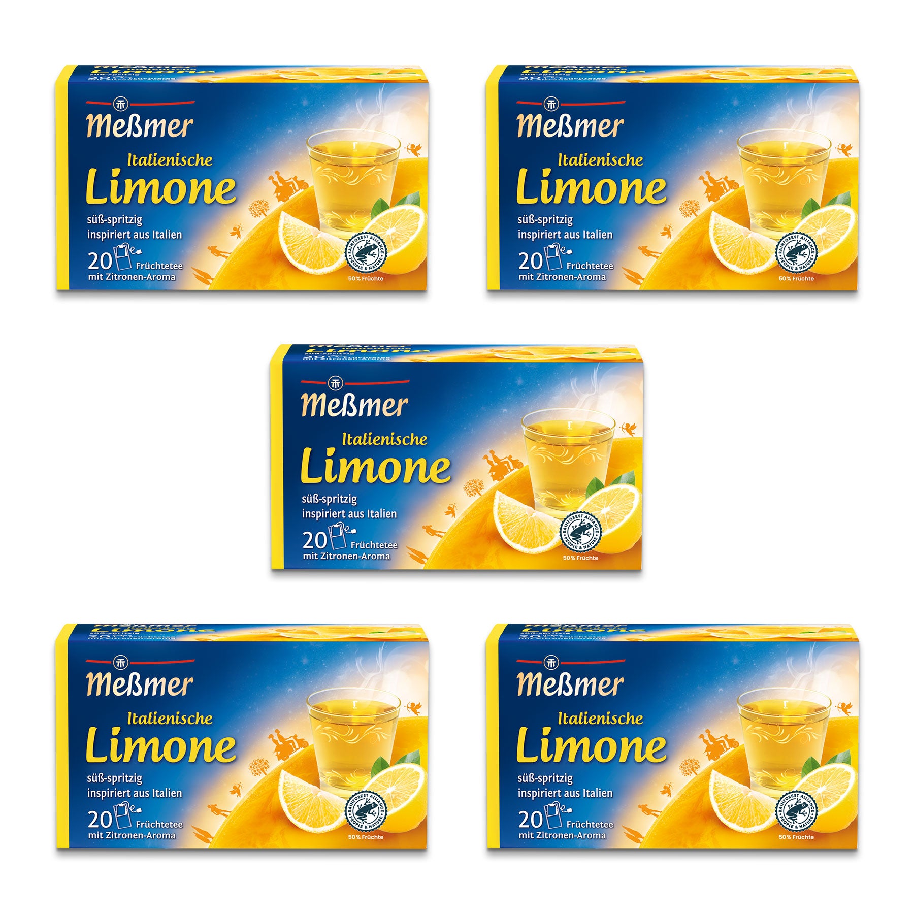 Fünf Schachteln Meßmer Italienischer Zitronentee sind auf weißem Hintergrund abgebildet. Jede Schachtel zeigt ein Glas Eistee mit Zitronenscheiben und Honig und enthält 20 Teebeutel.