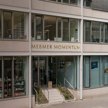 Der Eingang eines modernen Gebäudes mit großen Glasfenstern und einem Schild über der Tür, auf dem Meßmer Momentum steht. Eine Treppe führt hinauf zum Eingang und Pflanzen säumen den Gehweg.