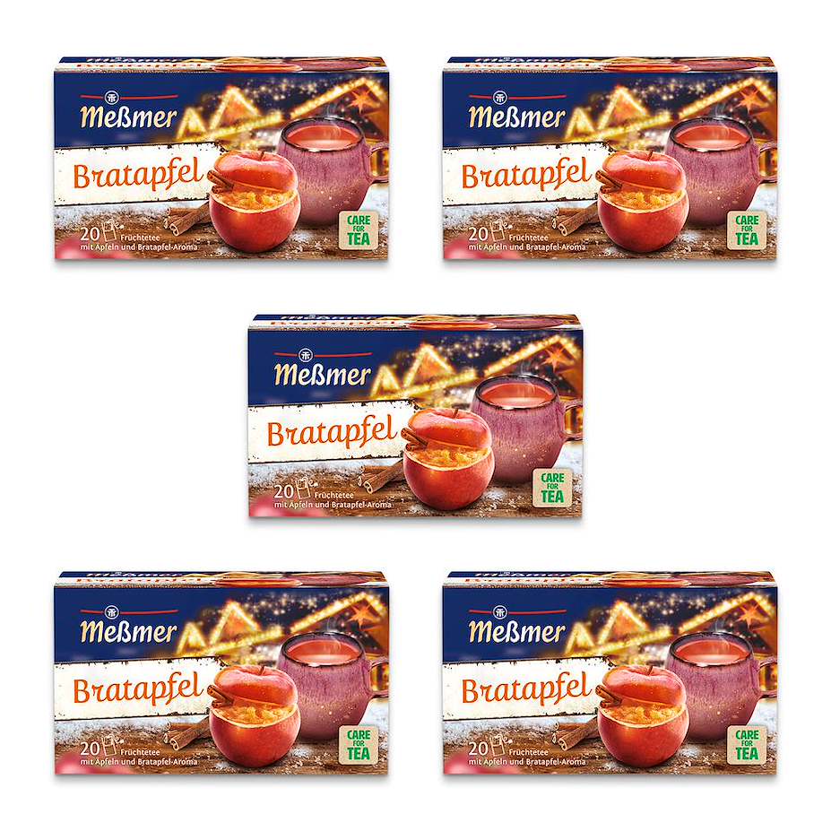 Bratapfel Früchtetee in fünf Packungen mit je 20 Teebeuteln und winterlichem Motiv