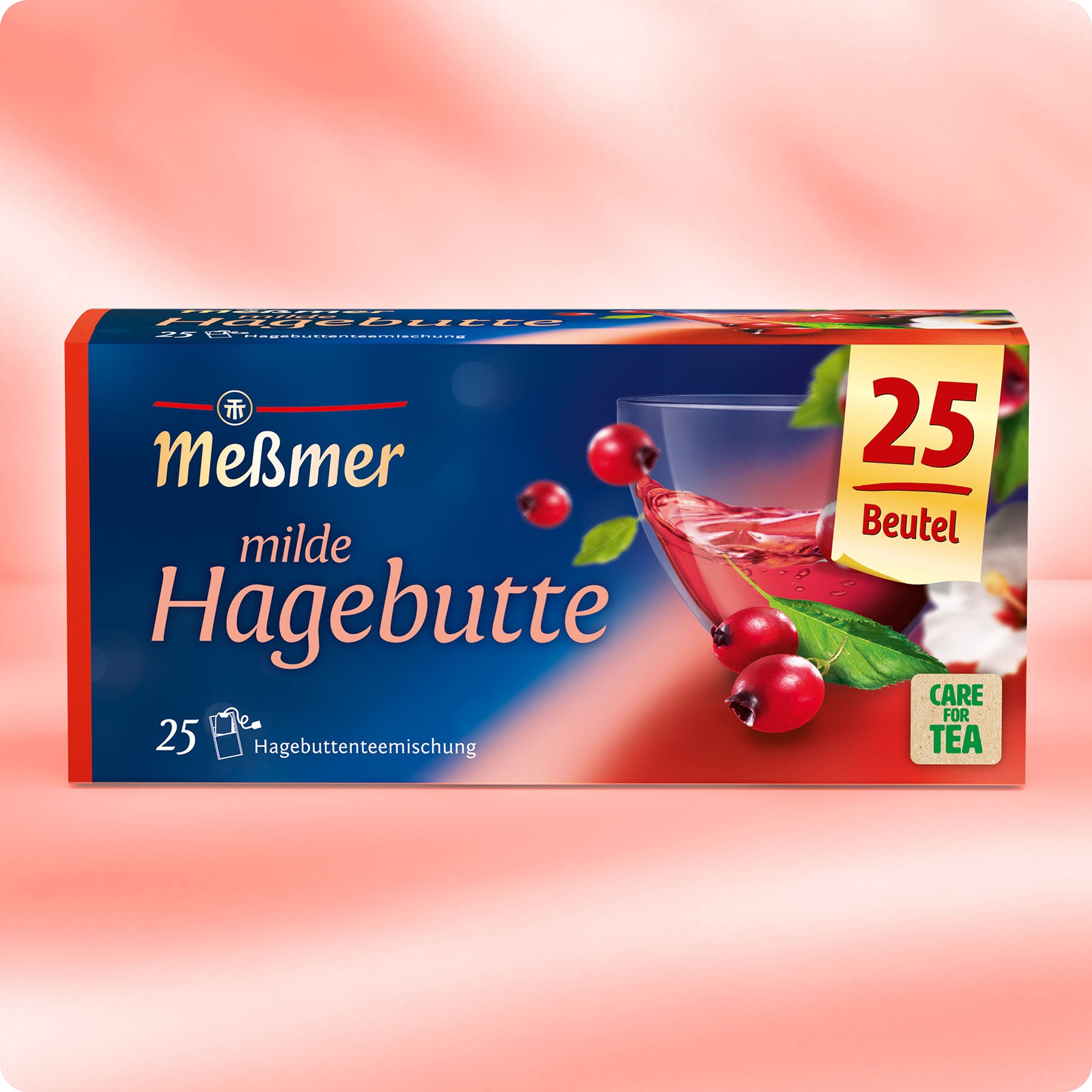 Meßmer Milde Hagebutte Tee mit 25 Beuteln, Verpackung in Blau und Rot, zeigt eine Tasse mit roten Hagebutten und frischen Blättern vor hellem Hintergrund