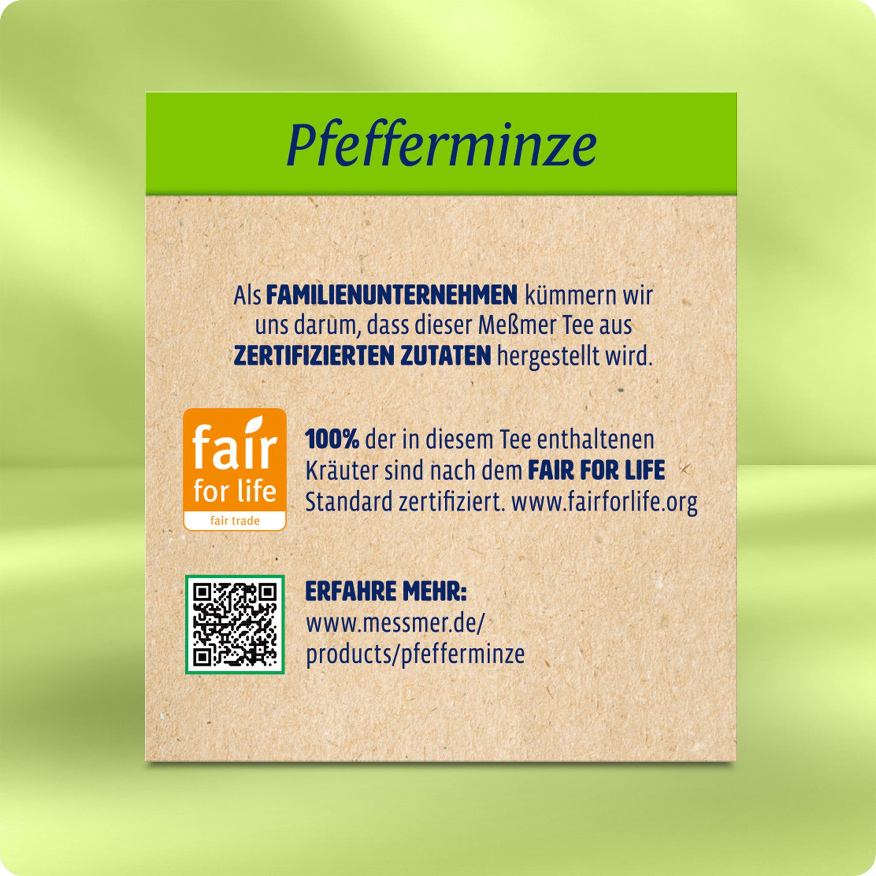 Pfefferminze Produktinformationen mit Fair-Trade-Zertifizierung, Hinweis auf Familienunternehmen und Website zur weiteren Information über Zutaten und Herstellung.