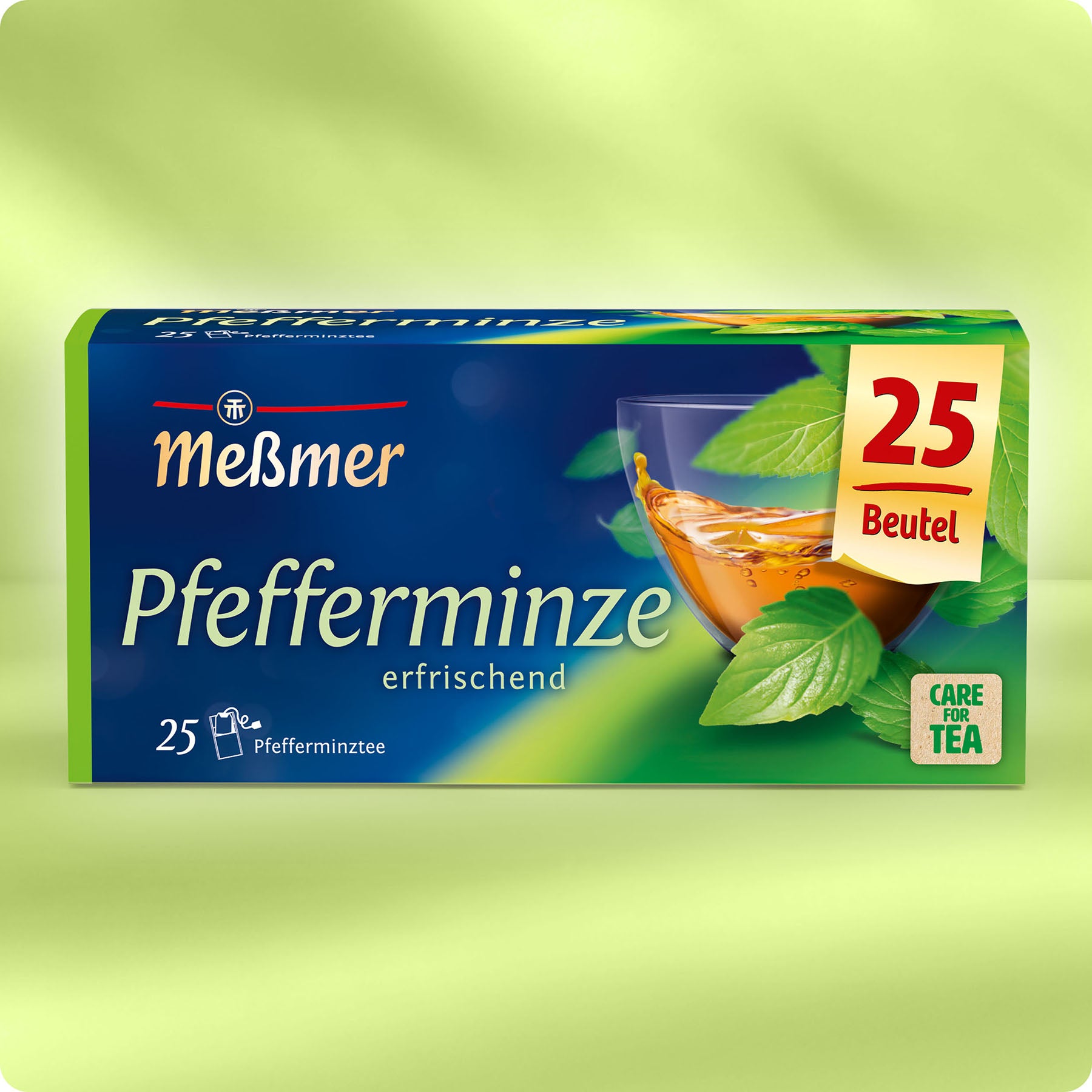 Meßmer Pfefferminze Teebeutel Verpackung mit 25 Beuteln, frischer Pfefferminztee mit natürlichem Geschmack und beruhigender Wirkung, ideal für entspannende Teepausen.