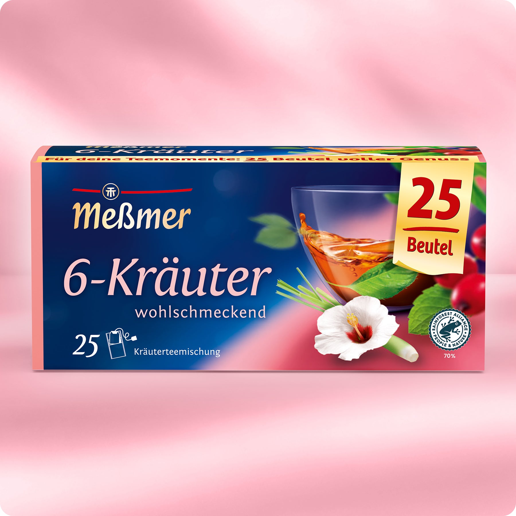 Eine Schachtel Meßmer DE 6-Kräuter-Mischung Kräutertee mit 25 Beuteln ist vor einem rosa Hintergrund abgebildet. Die Verpackung zeigt eine Tasse Tee, verschiedene Kräuter, eine Hibiskusblüte und rote Beeren.