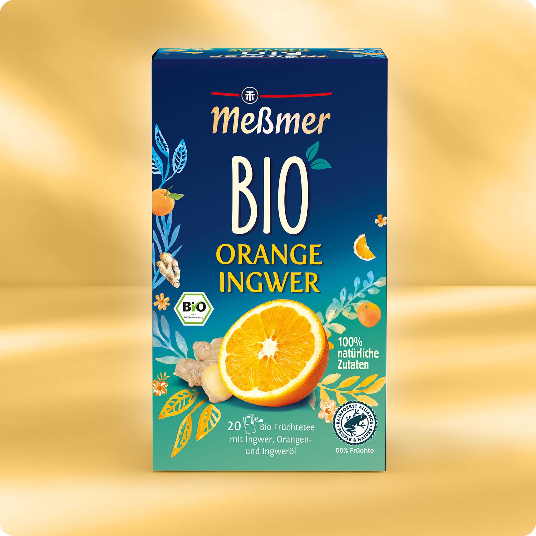 Eine Dose Meßmer DE Bio Orange Ingwer Tee mit Orangenscheiben, Ingwer und Teeblättern auf blau-gelbem Hintergrund. Enthält 20 Bio-Früchteteebeutel für vollmundigen Geschmack.