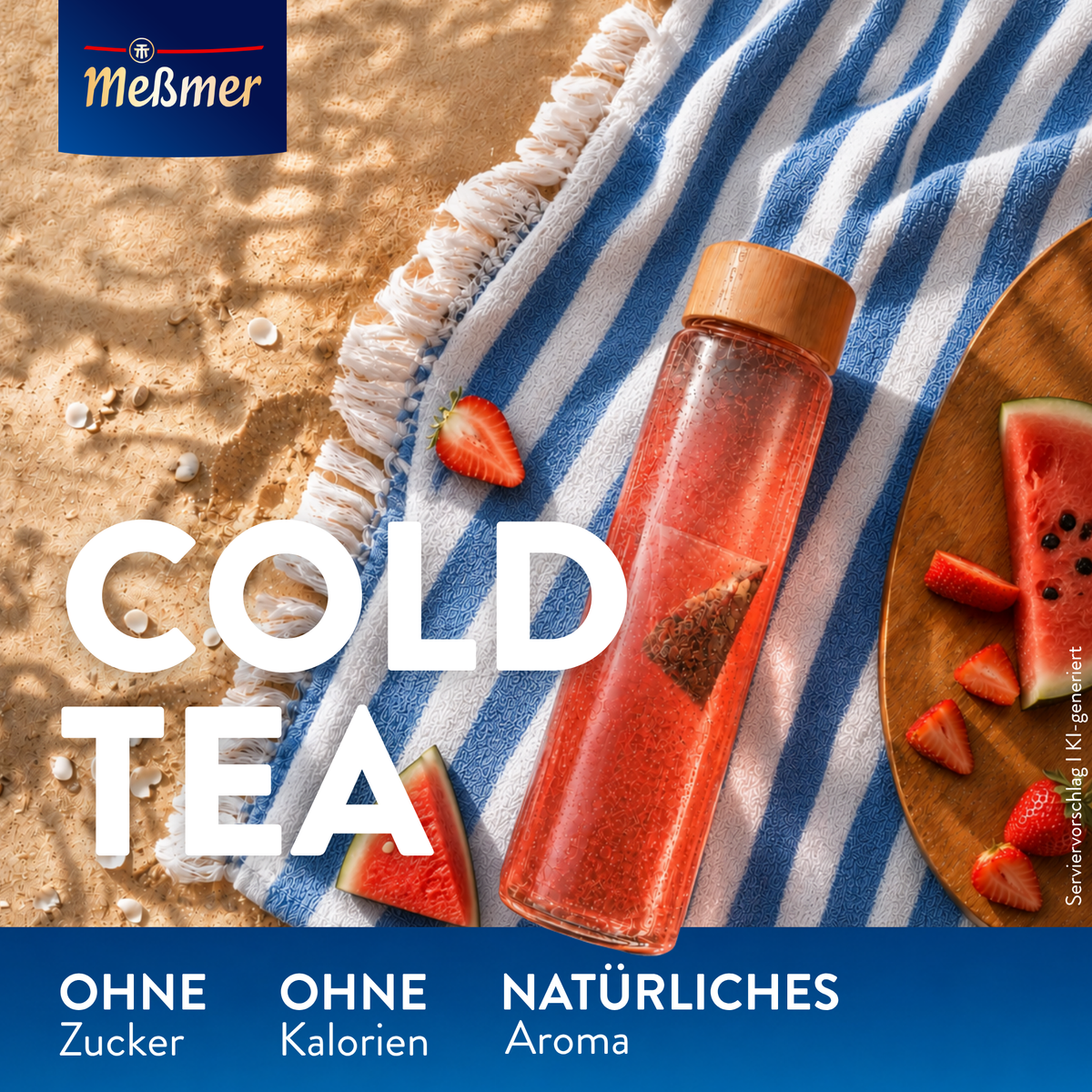 Cold Tea Melone-Erdbeere in roter Glasflasche mit Erdbeeren und Melonenstücken auf einem Strandtuch, ohne Zucker und ohne Kalorien