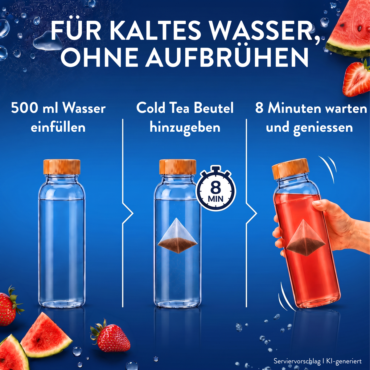 Cold Tea Melone-Erdbeere in drei Schritten: 500 ml kaltes Wasser einfüllen, Cold Tea Beutel hinzugeben und 8 Minuten ziehen lassen.