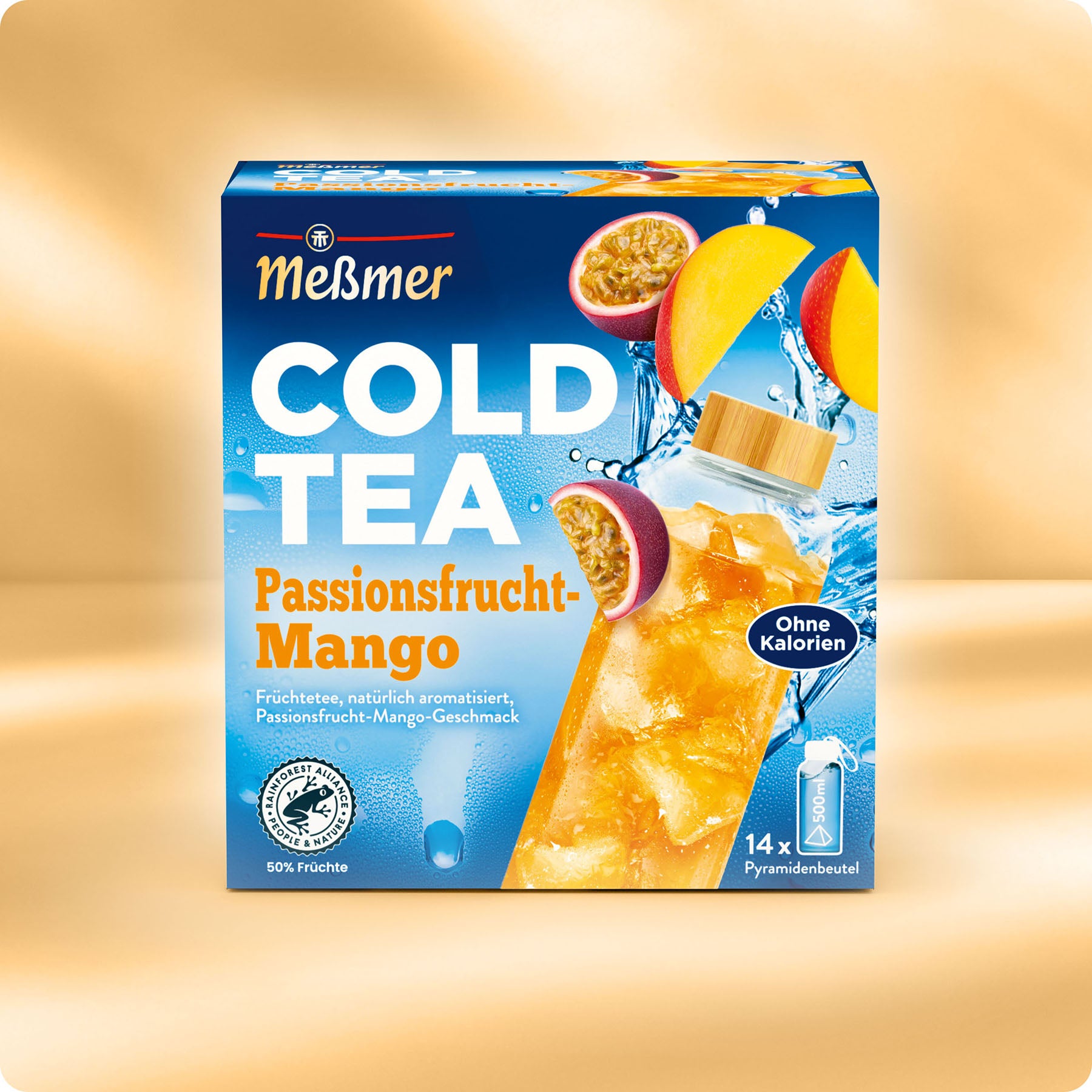 Meßmer DE Erkältungstee Passionsfrucht-Mango zeichnet sich durch lebendige Frucht- und Eisbilder für einen exotischen Geschmack aus, ist ohne Kalorien etikettiert und enthält 14 Pyramiden-Teebeutel.