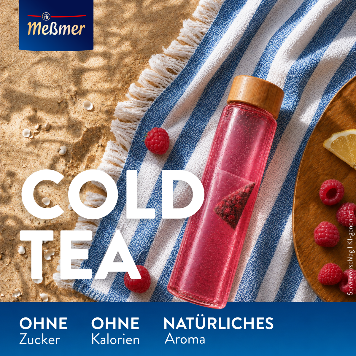 Cold Tea Himbeere-Zitrone in roter Flasche mit Himbeeren und Zitrone auf einem Strandtuch, ohne Zucker und ohne Kalorienેચ