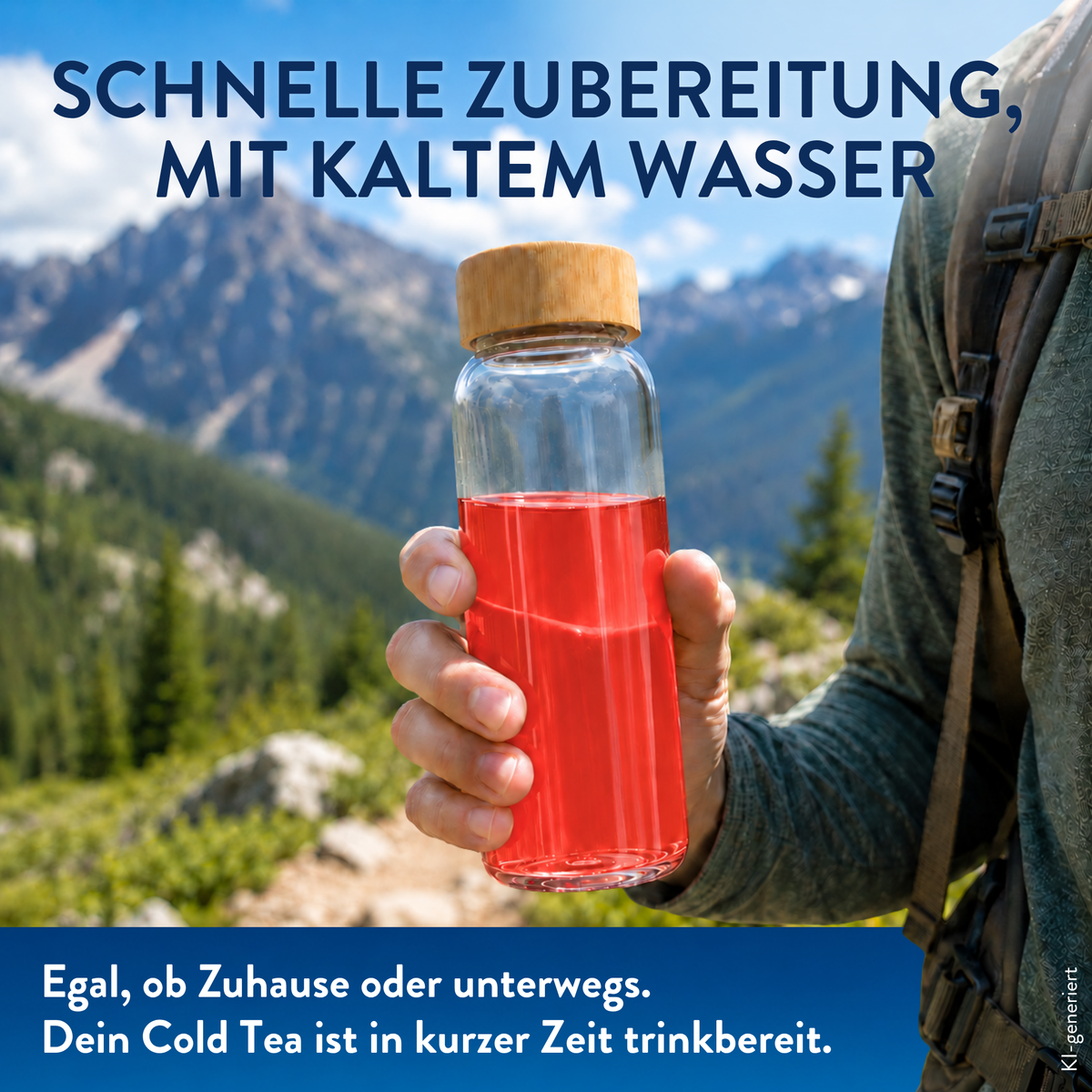 Cold Tea Himbeere-Zitrone in einer Glasflasche mit rotem Tee beim Wandern vor Berglandschaft. Schnell mit kaltem Wasser zubereitet und unterwegs trinkbereit.