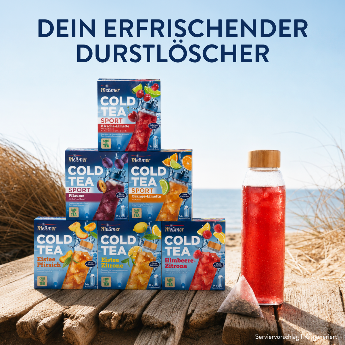 Cold Tea Himbeere-Zitrone mit mehreren Packungen und rotem kaltem Tee in einer Glasflasche auf einem Holzsteg am Strand
