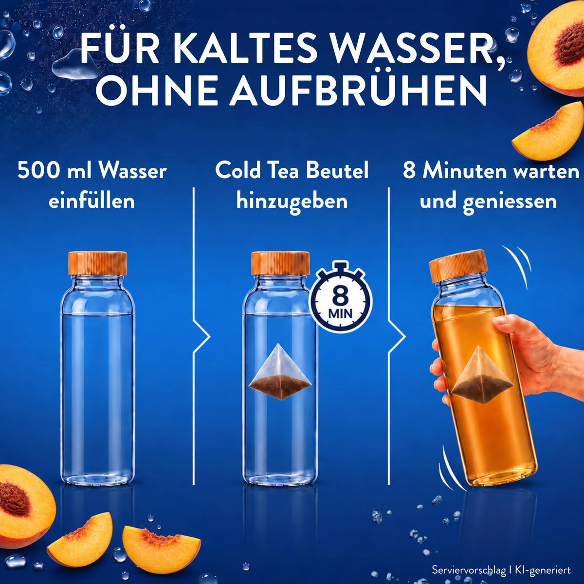 Cold Tea Eistee Pfirsich bei der Zubereitung mit 500 ml kaltem Wasser und Teebeutel. Nach 8 Minuten entsteht fruchtiger kalter Tee.
