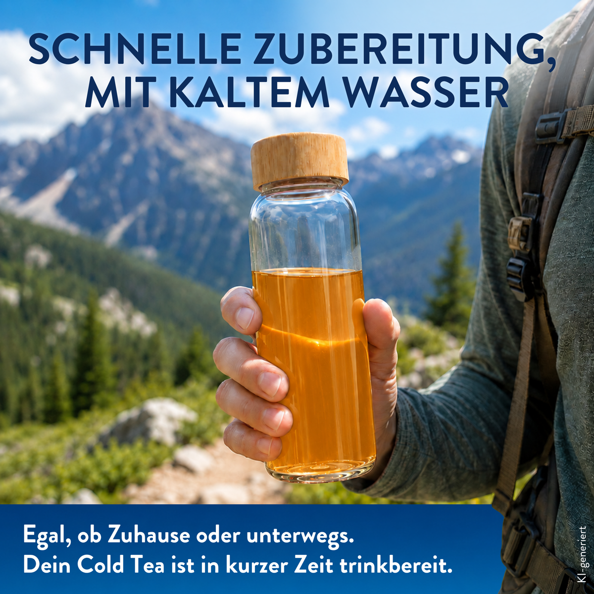Cold Tea Eistee Pfirsich in einer Glasflasche mit goldgelbem kaltem Tee beim Wandern vor Berglandschaft. Schnell mit kaltem Wasser zubereitet und unterwegs trinkbereit.