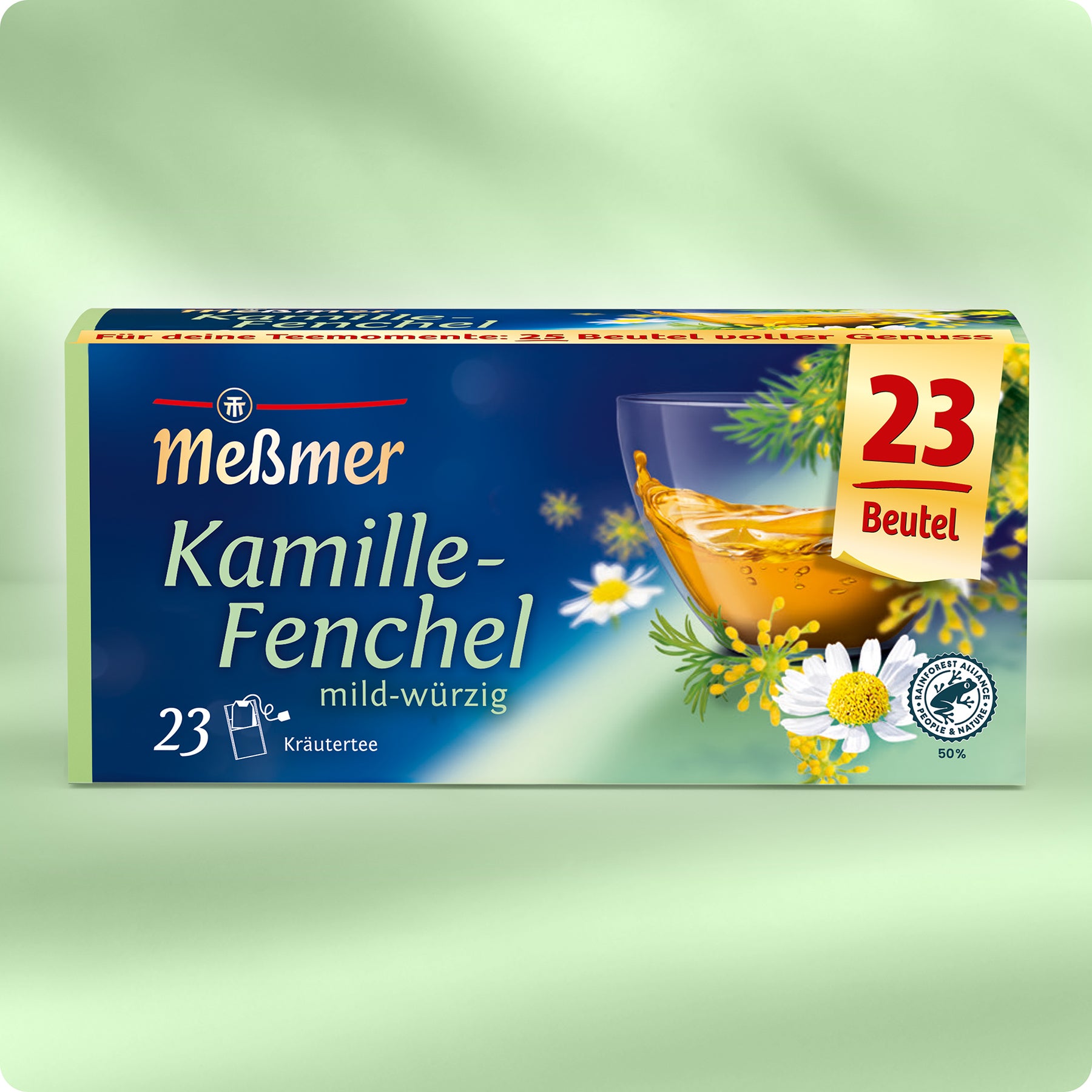 Eine hellgrüne Schachtel Meßmer DE Kamille-Fenchel-Kräutertee mit Kamillenblüten und Fenchel enthält 23 Teebeutel ("23 Beutel").