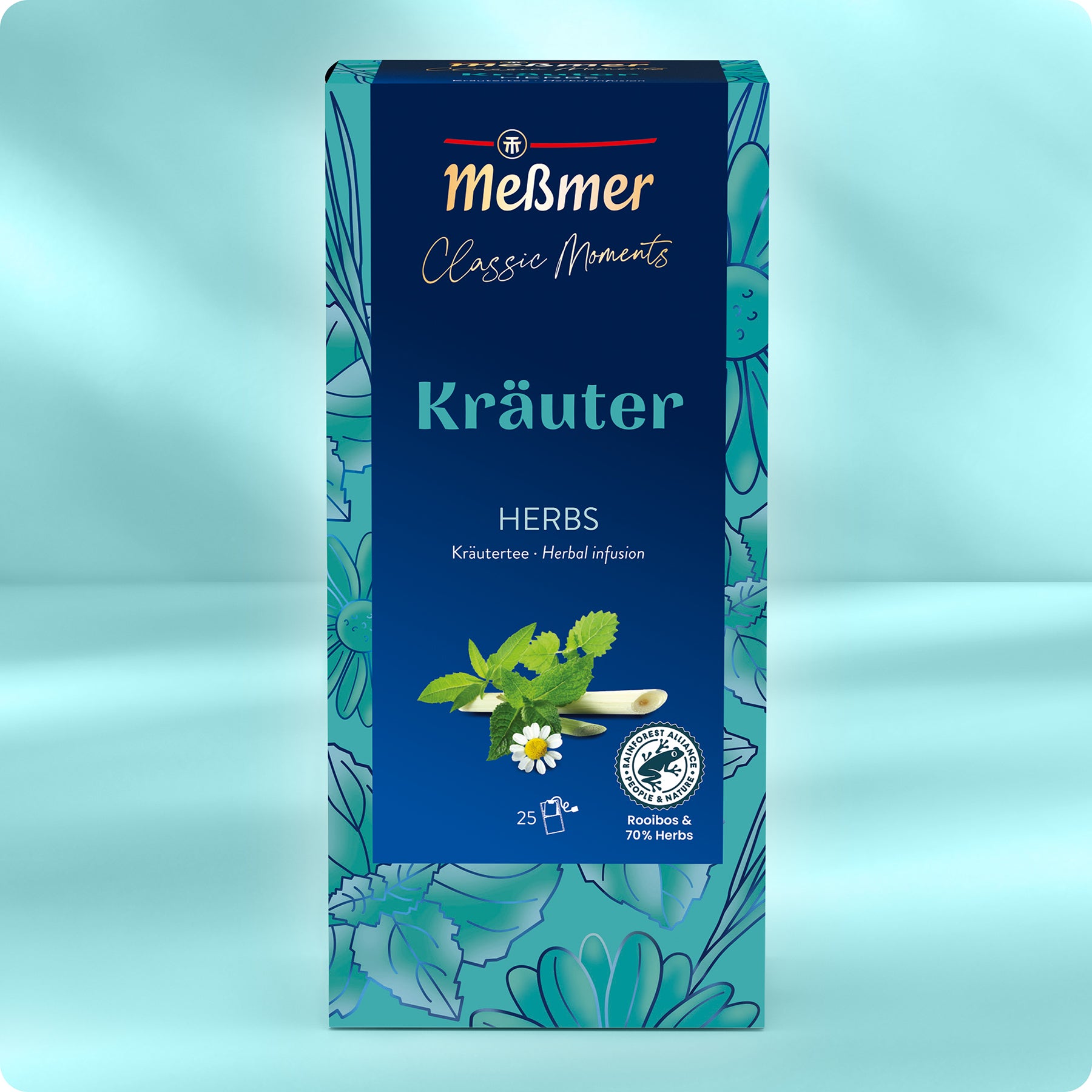 Eine Schachtel Meßmer DE Kräuter Tee mit Blumen- und Kräutermotiven enthält 25 Teebeutel und trägt ein Nachhaltigkeitssiegel.