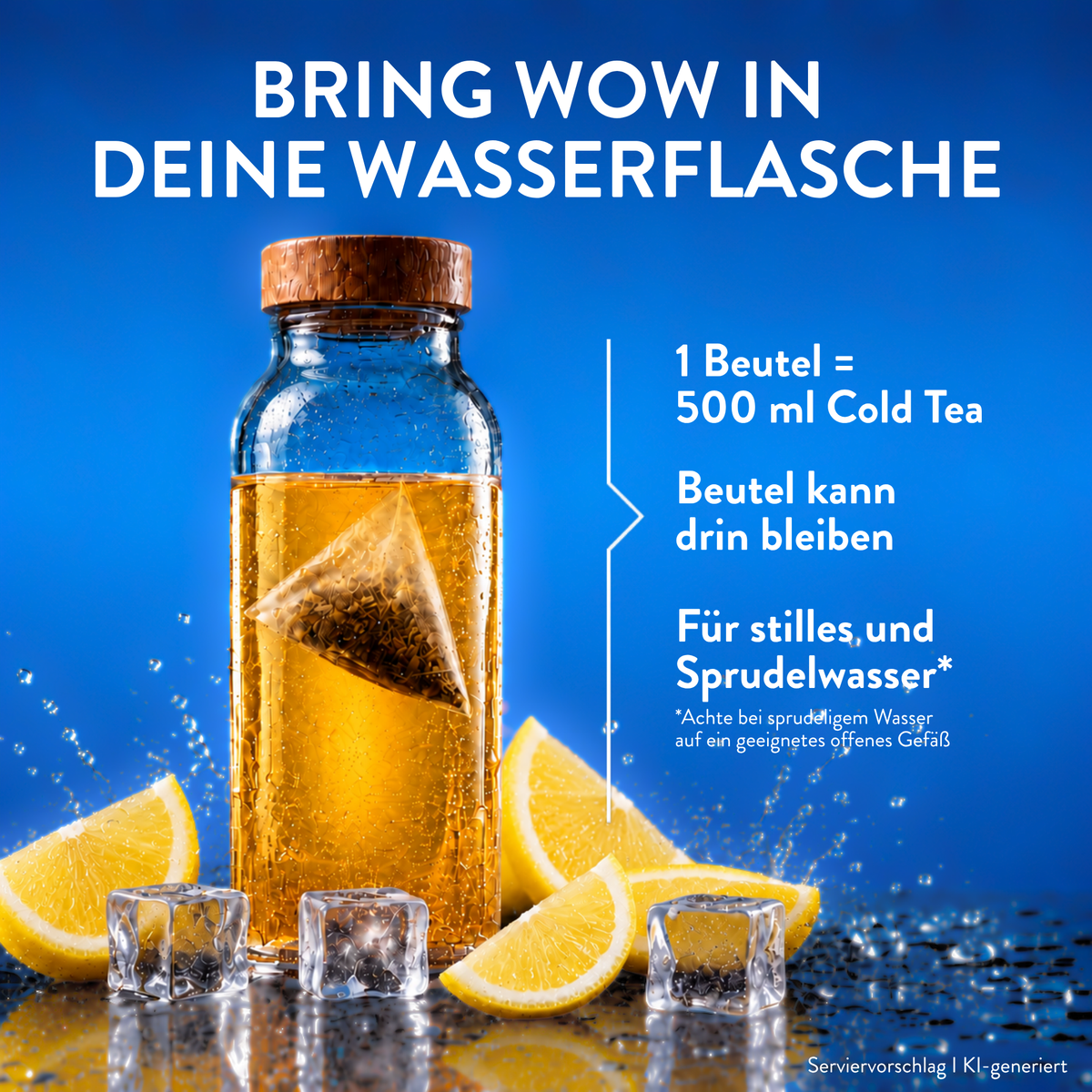 Cold Tea Eistee Zitrone in einer Wasserflasche mit Zitronentee, Eiswürfeln und Hinweis auf 500 ml pro Beutel für stilles und sprudelndes Wasser