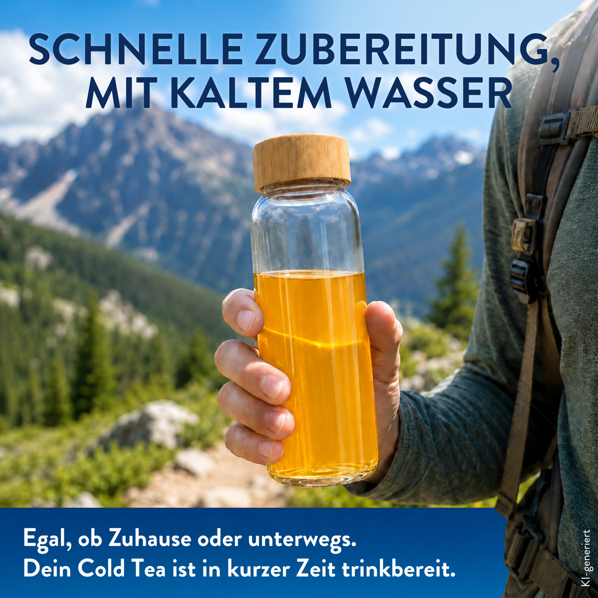 Cold Tea Eistee Zitrone in einer Glasflasche mit kaltem Wasser schnell zubereitet und unterwegs in den Bergen genossen