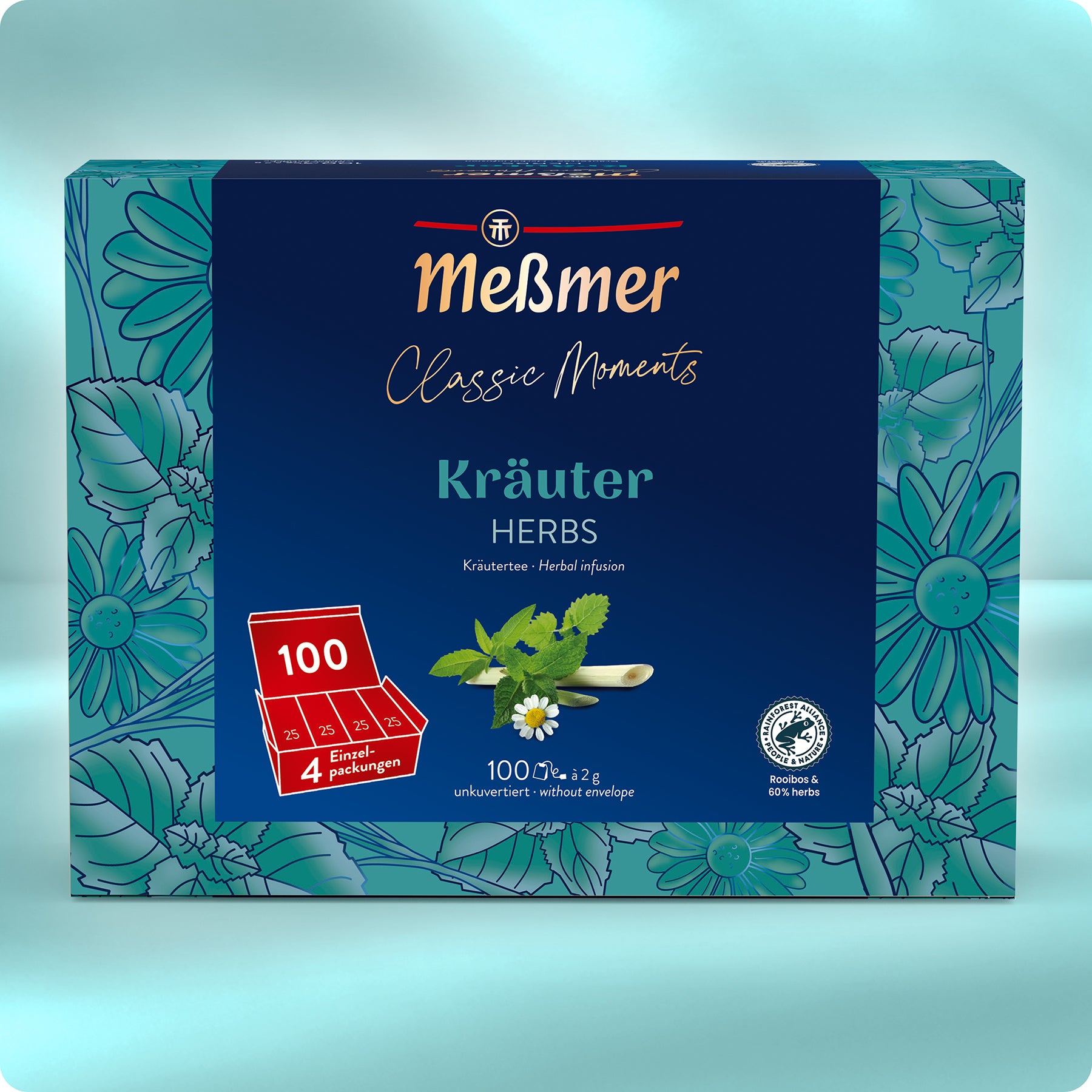 Eine Schachtel Meßmer DE Kräuter Tee, mit einem dunkelblauen und blaugrünen Blumenmuster, einer Abbildung eines Teebeutels, Kräutern und Kamillenblüten, beschriftet mit 100 Teebeuteln für einen harmonischen Geschmack.
