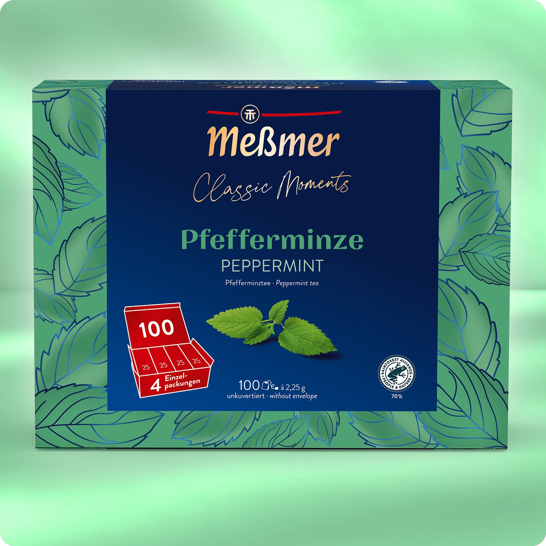 Eine Schachtel Meßmer DE Pfefferminze, ein erfrischender Kräutertee mit leuchtenden Minzblättern auf einer blau-grünen Verpackung. Enthält 100 Teebeutel in 4 Packungen, Gesamtgewicht 100g.
