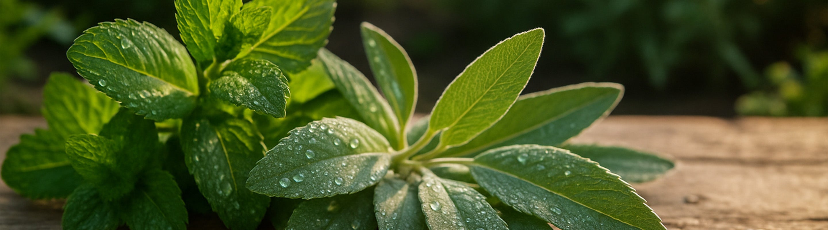 Nahaufnahme von frischen grünen Minze- und Salbeiblättern mit Wassertropfen, die auf einer hölzernen Oberfläche im Freien ruhen, mit einem unscharfen Gartenhintergrund.