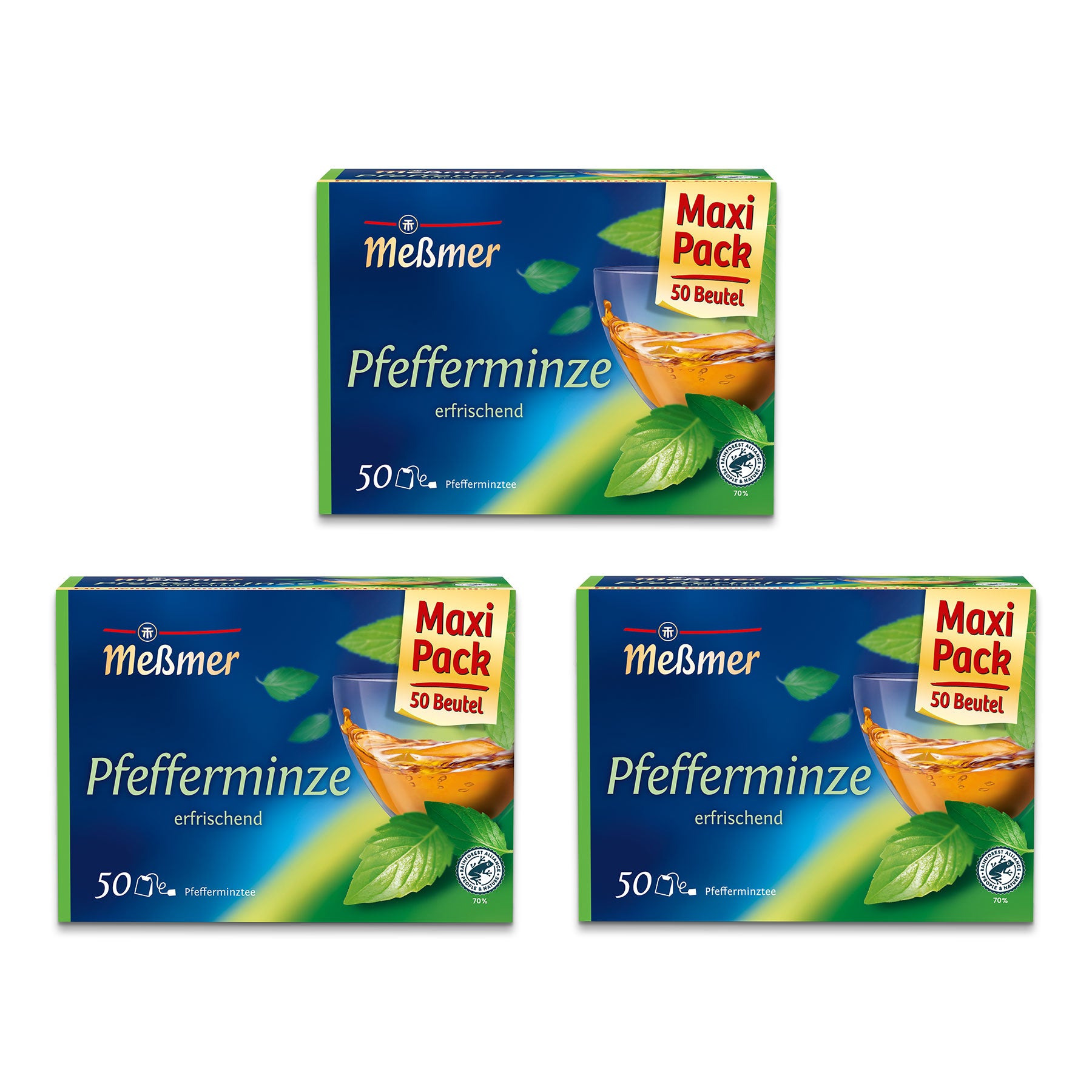 Drei Schachteln Meßmer Pfefferminze Tee, beschriftet Maxi Pack 50 Beutel. Die Schachteln sind grün mit einem Bild von Minzblättern und einem Glas Tee. Der Text ist in Deutsch.