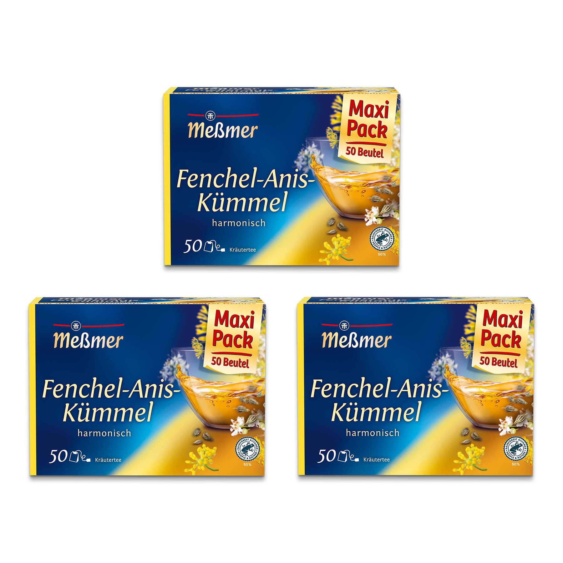 Drei Schachteln Meßmer-Tee mit der Aufschrift Fenchel-Anis-Kümmel harmonisch, mit je 50 Teebeuteln. Die Verpackung ist blau mit Abbildungen von Fenchel-, Anis- und Kümmelsamen und mit einem Maxi-Pack-Etikett versehen.