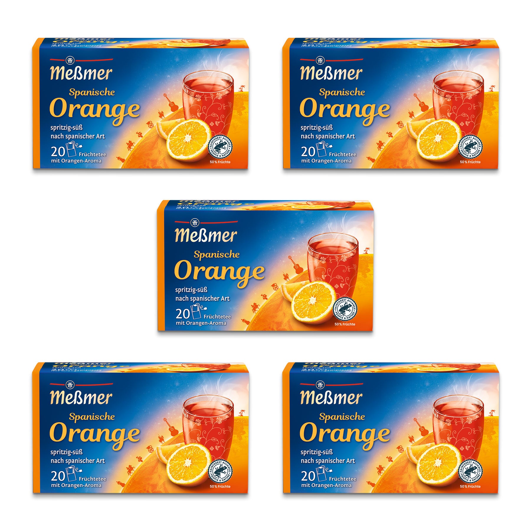 Fünf Schachteln Meßmer Spanische Orangen-Tee mit einem lebendigen Design mit einem Bild von Orangen und einem Glas Orangengetränk auf jeder Schachtel vor einem blau-orangen Hintergrund.