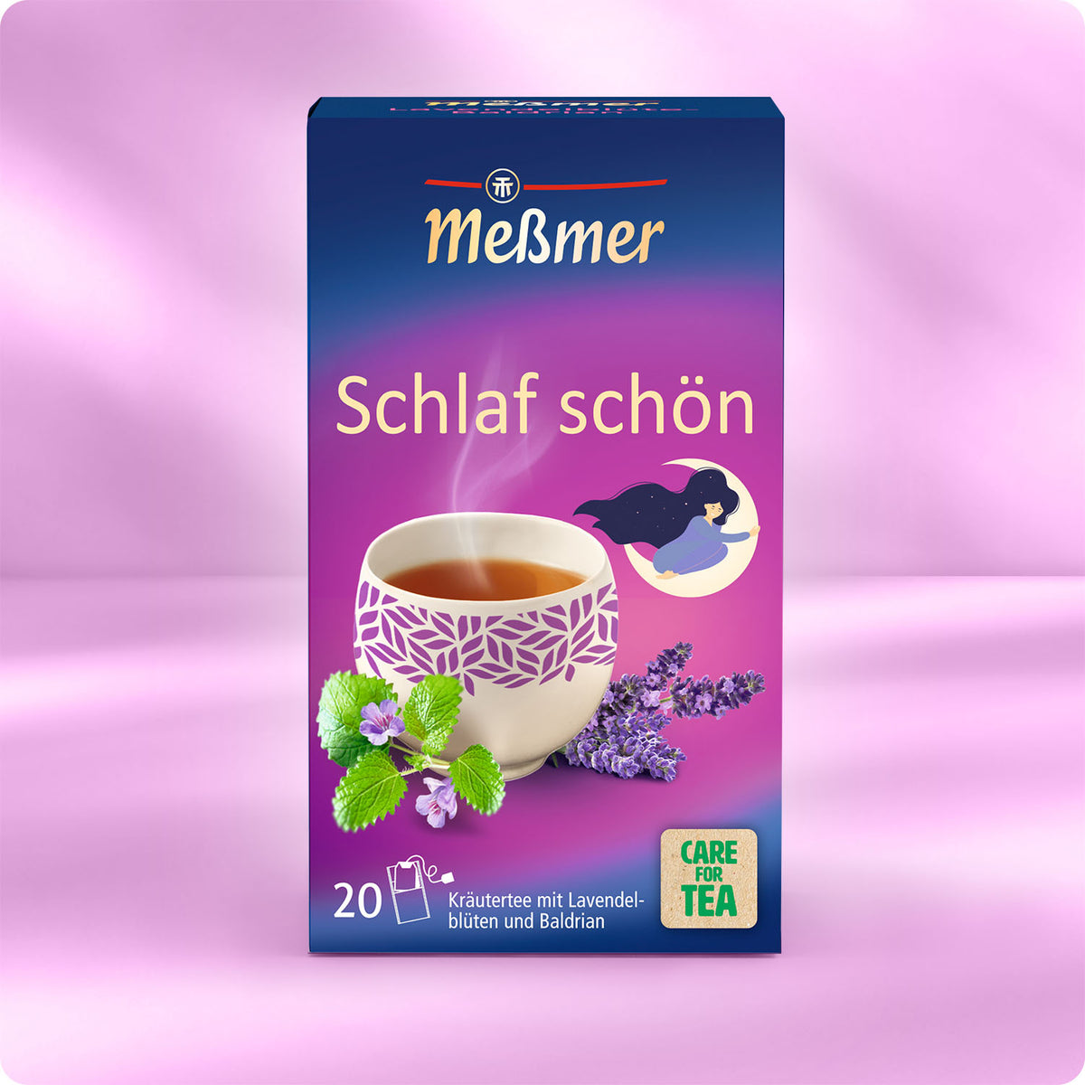 Meßmer Schlaf schön Kräutertee-Packung mit Tasse Tee, Lavendel, Melisse und Baldrian vor rosafarbenem Hintergrund