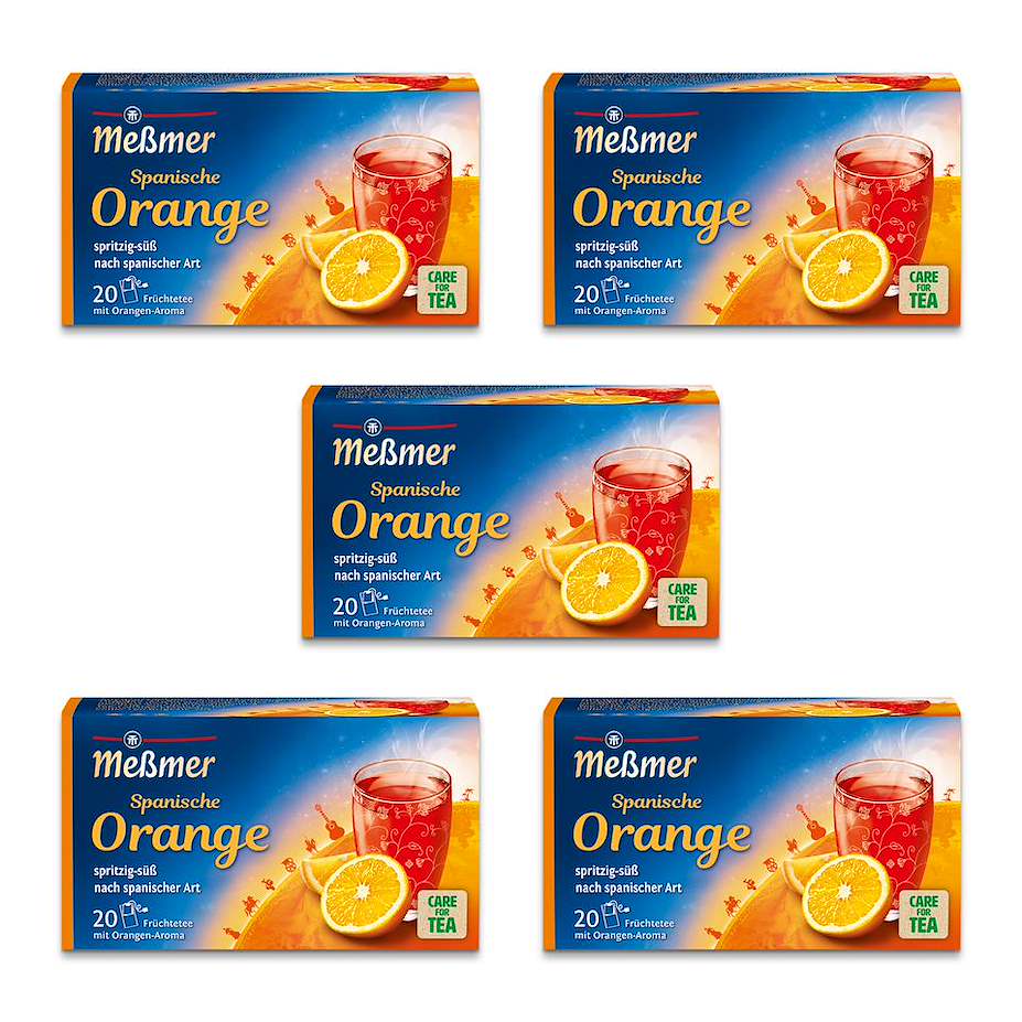Fünf Packungen Spanische Orange Früchtetee mit Orangenmotiv auf weißem Hintergrund