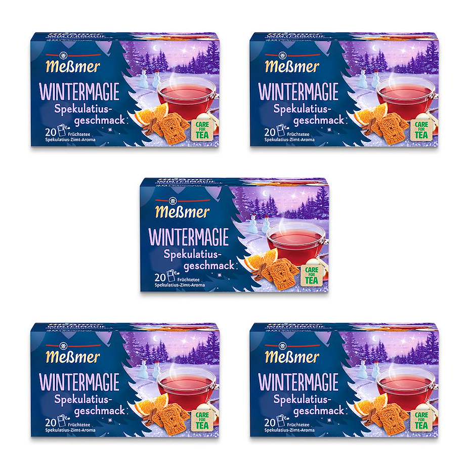Wintermagie Früchtetee mit Spekulatiusgeschmack in fünf Packungen mit je 20 Teebeuteln und winterlichem Motiv